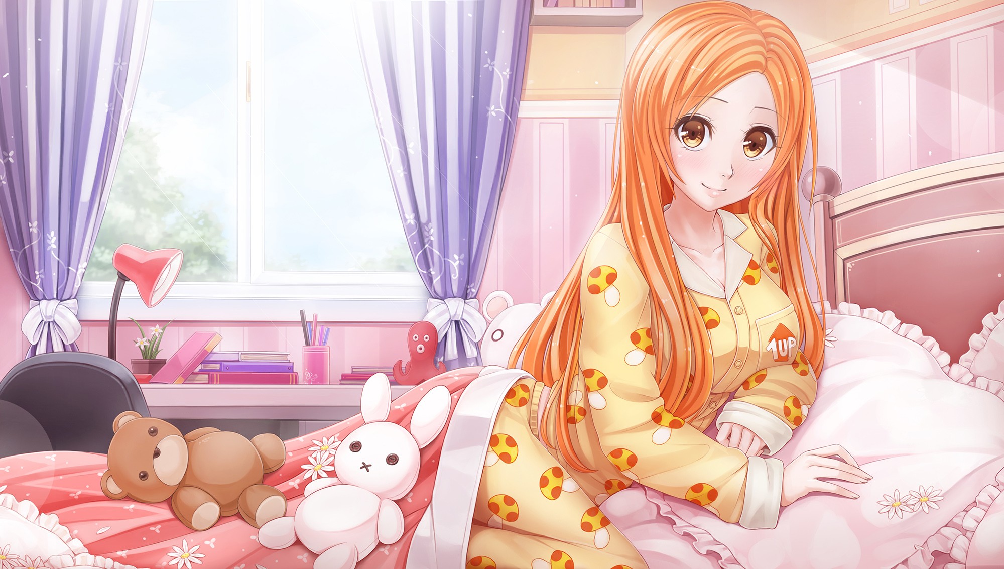 Anime 2000x1133 anime anime girls Bleach Inoue Orihime bed books cleavage long hair orange eyes redhead teddy bears Pixiv plush toy smiling women indoors indoors