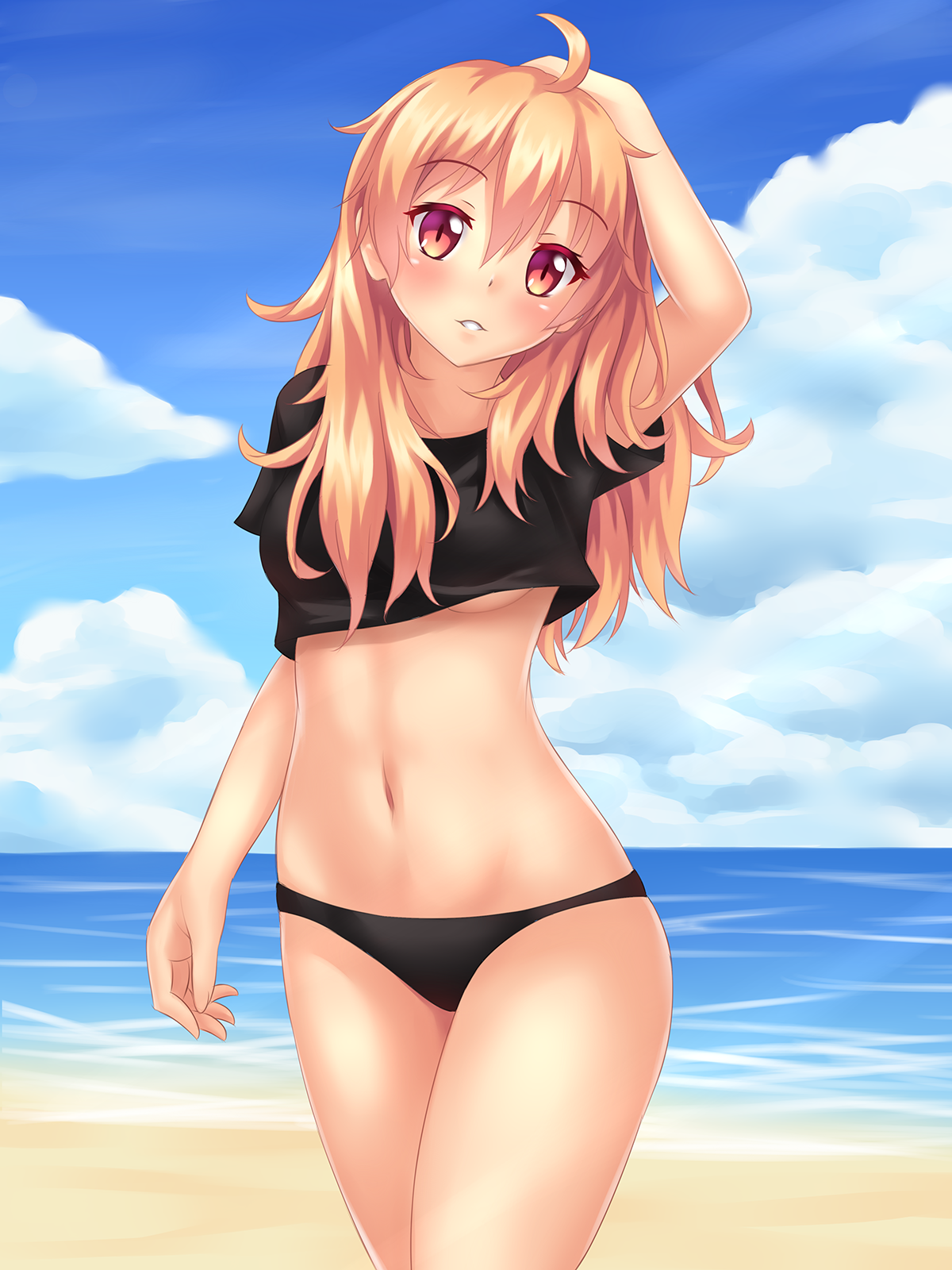 long hair, red eyes, fast-runner-2024, women outdoors, standing, belly,  hand(s) on head, looking at viewer, anime, anime girls, sea, beach, clouds,  Pixiv, outdoors, women on beach, black top, bikini, black bikinis, swimwear,