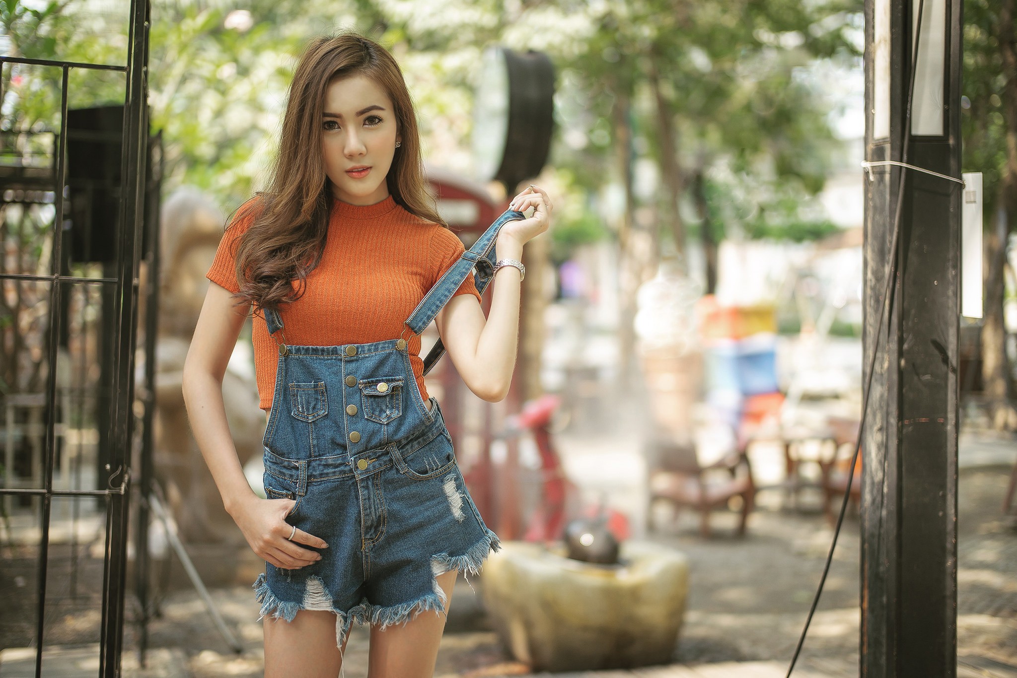 People 2048x1366 skinny overalls orange tops brunette looking at viewer women outdoors portrait women urban orange clothing standing model torn clothes dyed hair