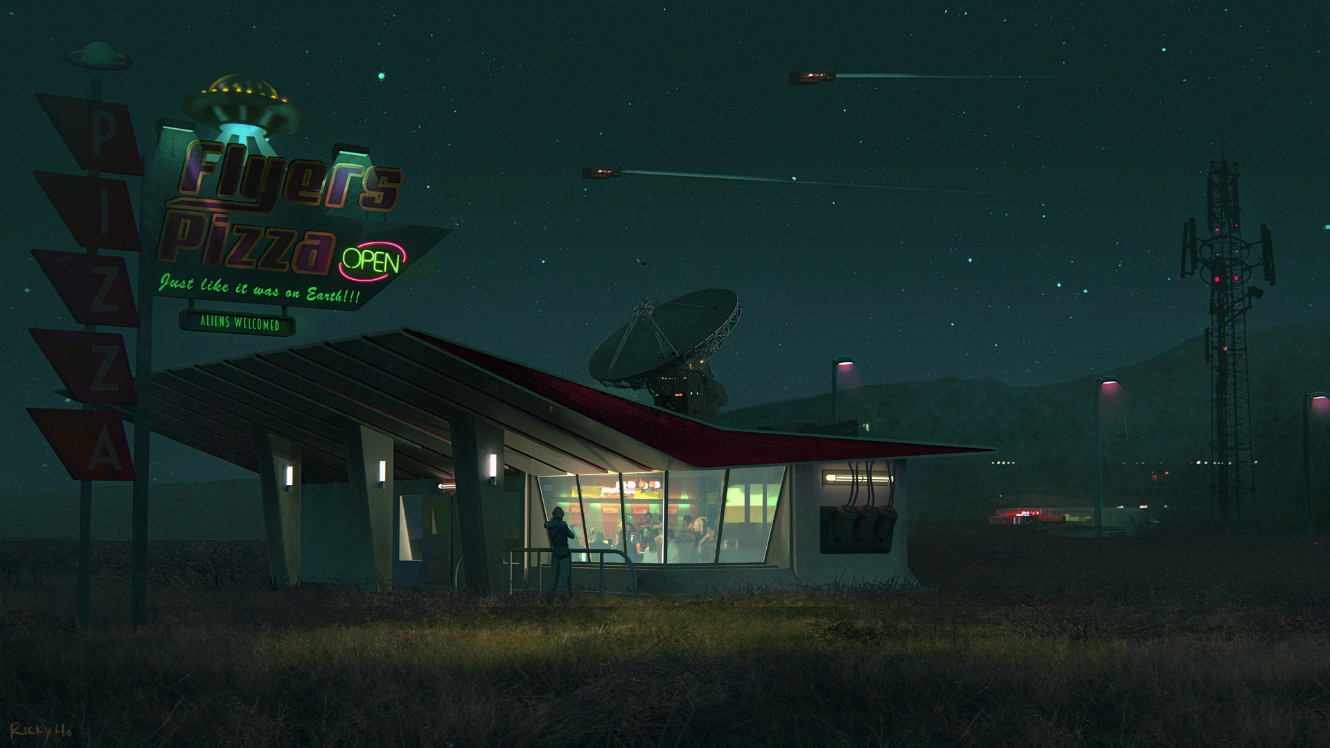 General 1920x1080 digital art science fiction pizza spaceship satellite night house stars neon text