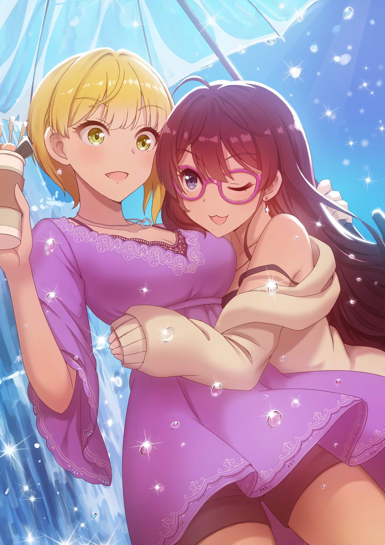 Anime 1500x2122 anime girls THE iDOLM@STER THE iDOLM@STER: Cinderella Girls bra cleavage dress open shirt sweater umbrella glasses short hair long hair blonde brunette green eyes blue eyes two women one eye closed hugging Pixiv food sweets surprised women with glasses purple dress anime