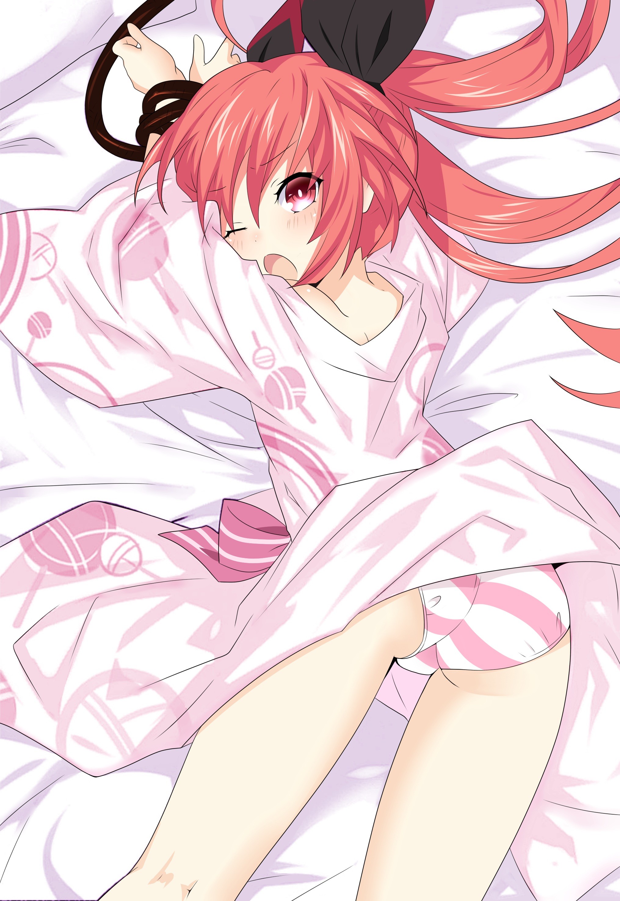 Anime 2031x2952 anime anime girls Date A Live Itsuka Kotori ass dress long hair redhead red eyes legs ropes bound upskirt lying on front panties Pixiv striped panties underwear open mouth lifting dress one eye closed