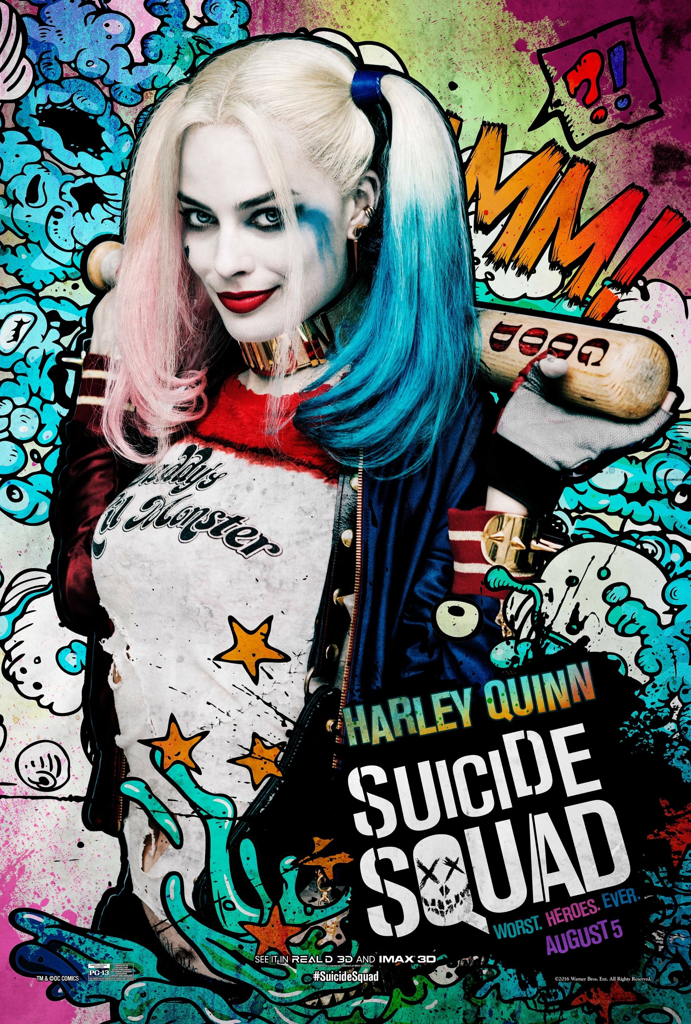 People 2211x3276 Suicide Squad Margot Robbie Harley Quinn colorful looking at viewer women movie poster pop art movies red lipstick actress baseball bat multi-colored hair