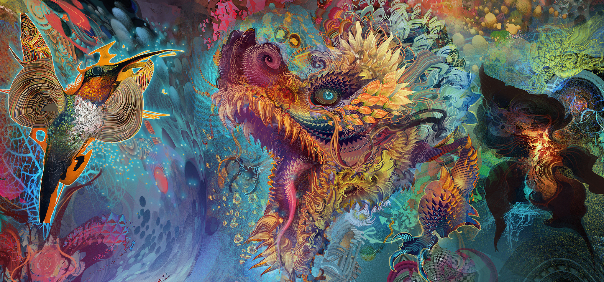 General 2048x958 psychedelic trippy birds dragon Chinese dragon