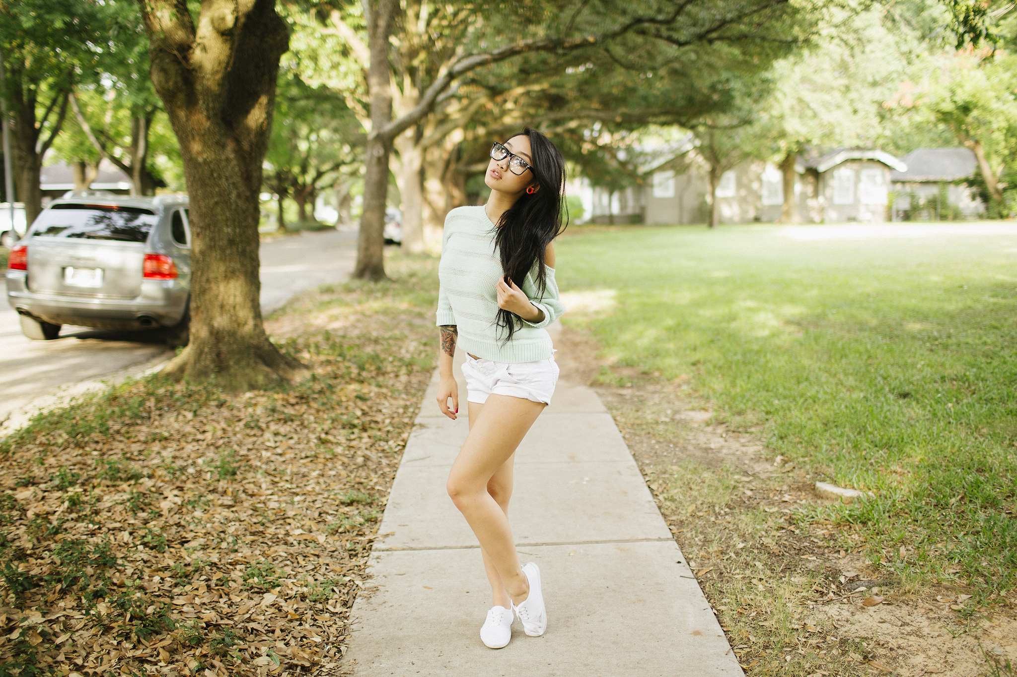 People 2048x1365 women model brunette looking at viewer long hair touching hair glasses women with glasses tattoo jean shorts ear tunnels women outdoors sneakers Asian bare shoulders