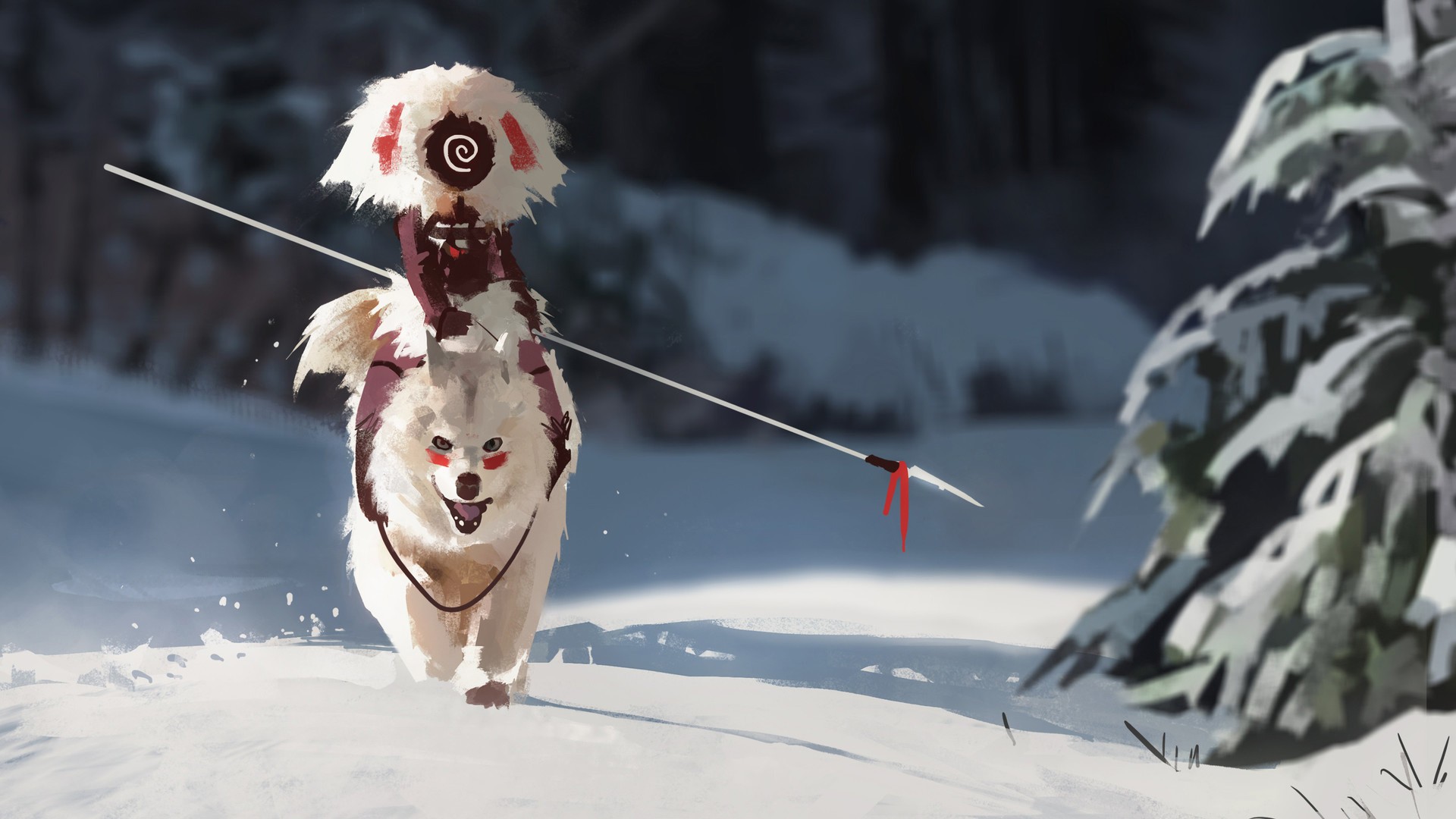 General 1920x1080 snow digital art spear wolf Princess Mononoke
