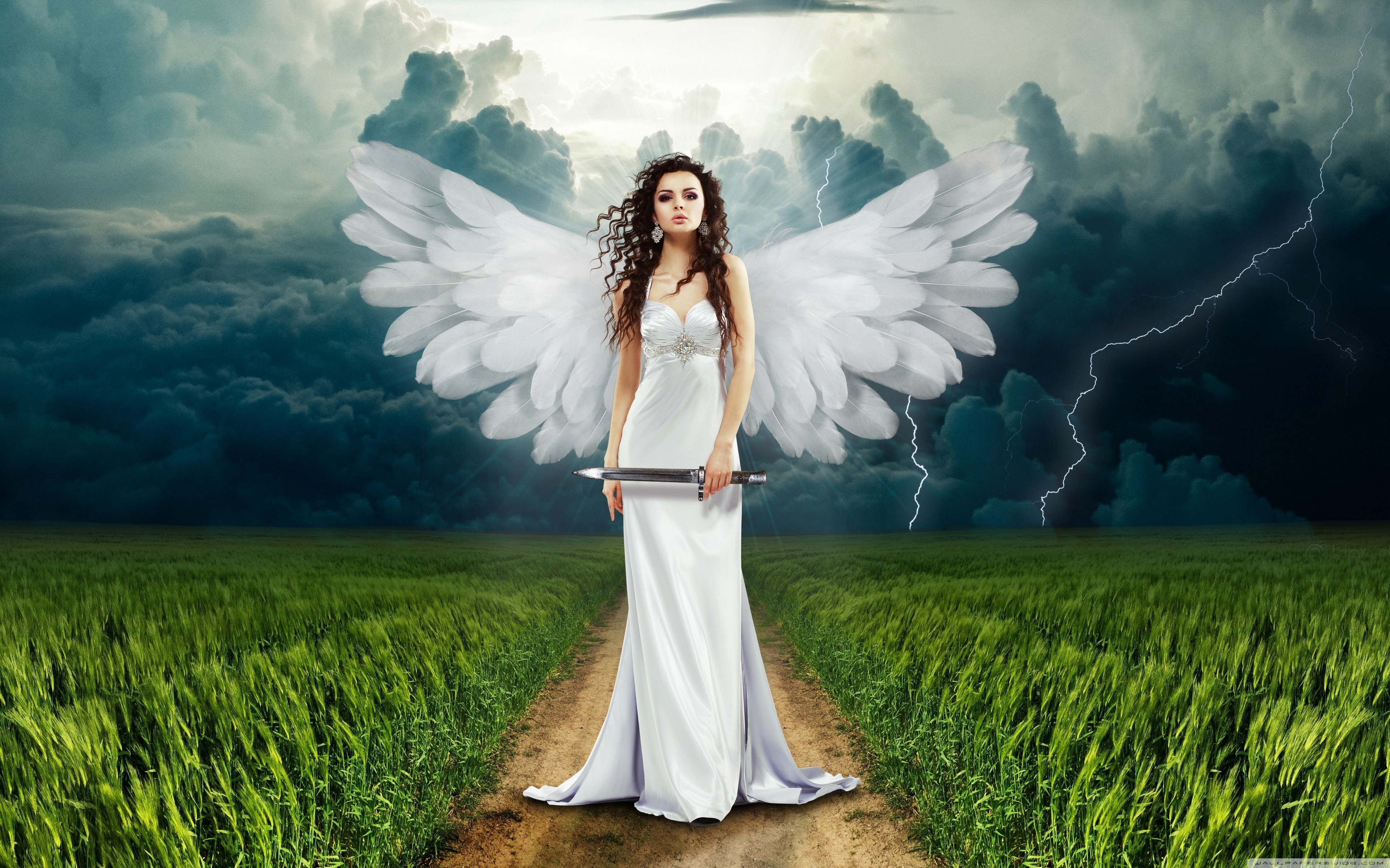 General 3840x2400 birds women wings digital art dagger angel model fantasy art fantasy girl