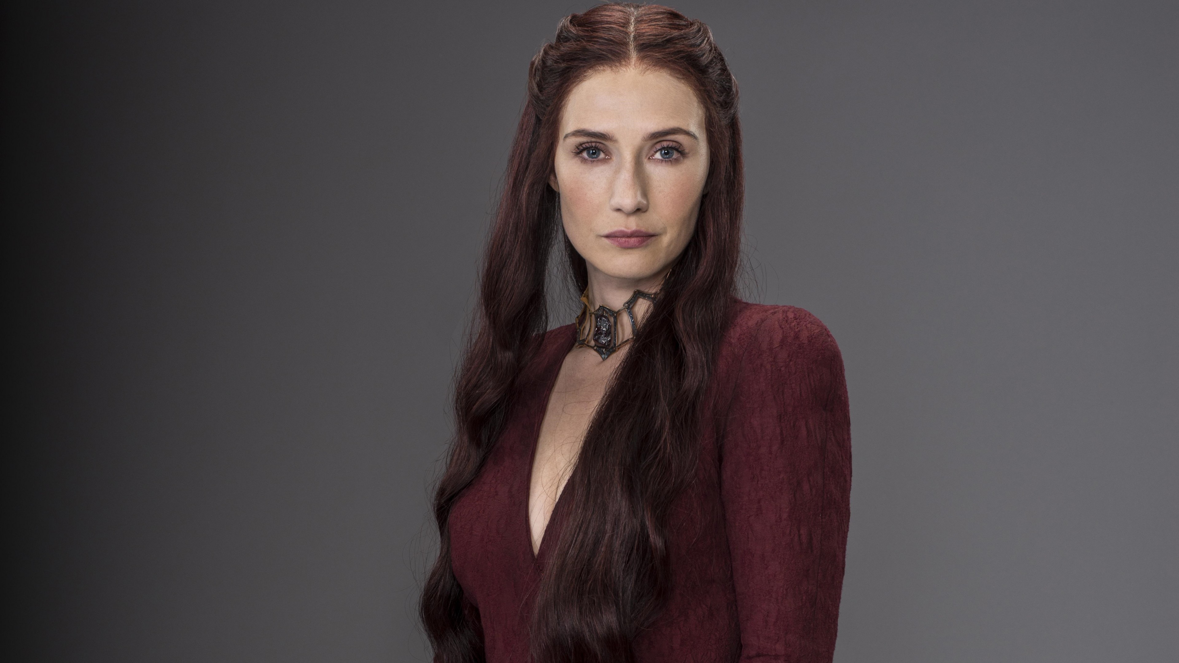 People 3840x2160 Melisandre red A Song of Ice and Fire Carice van Houten Game of Thrones Dutch Promotional Netherland Women long hair dyed hair gray background gradient simple background portrait red dress dress red clothing standing looking at viewer women indoors women