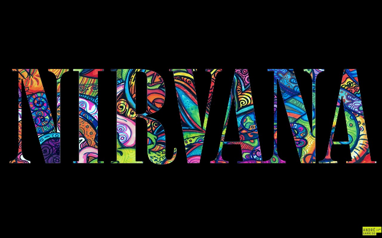 General 1280x800 music Nirvana typography black background colorful watermarked band