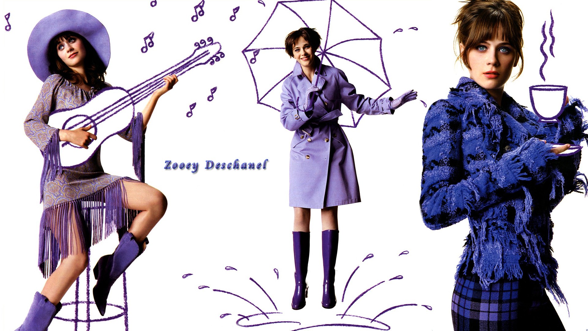 People 1920x1080 Zooey Deschanel celebrity collage hat actress women violet coat