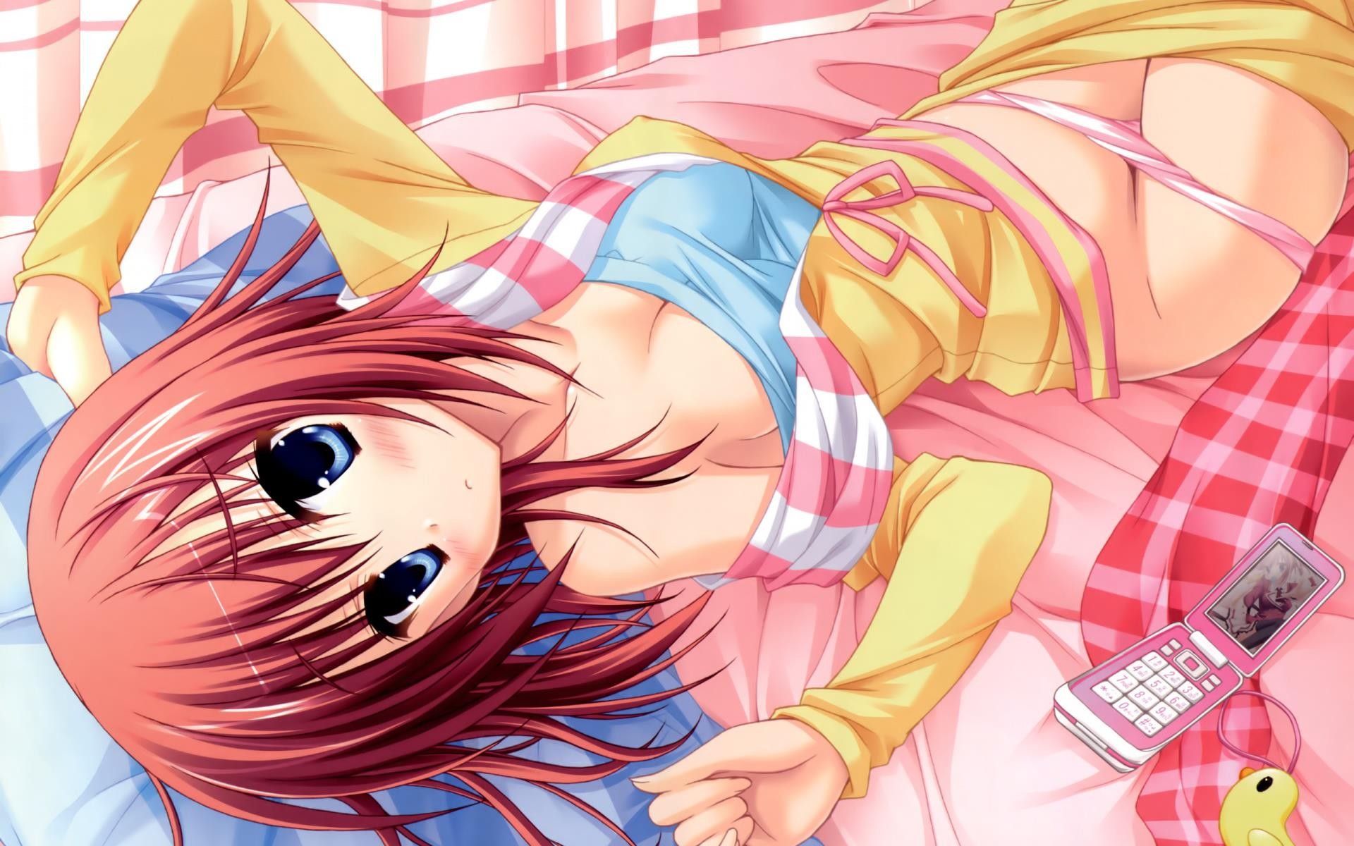 Anime 1920x1200 anime anime girls redhead blue eyes blushing cellphone panties cleavage lying on back hontani kanae