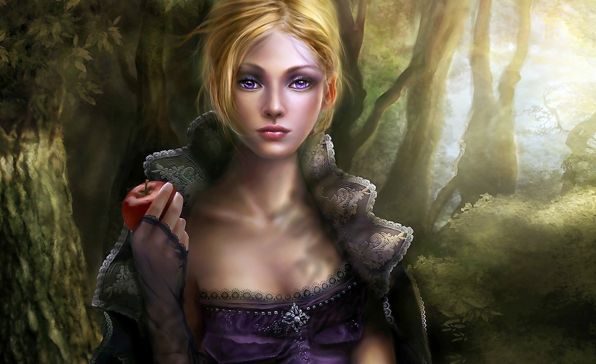 General 1920x1172 fantasy art fantasy girl purple eyes short hair makeup food fruit apples