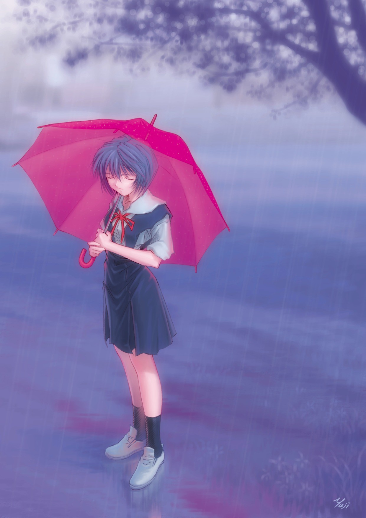 Anime 1240x1754 anime Neon Genesis Evangelion anime girls rain umbrella outdoors