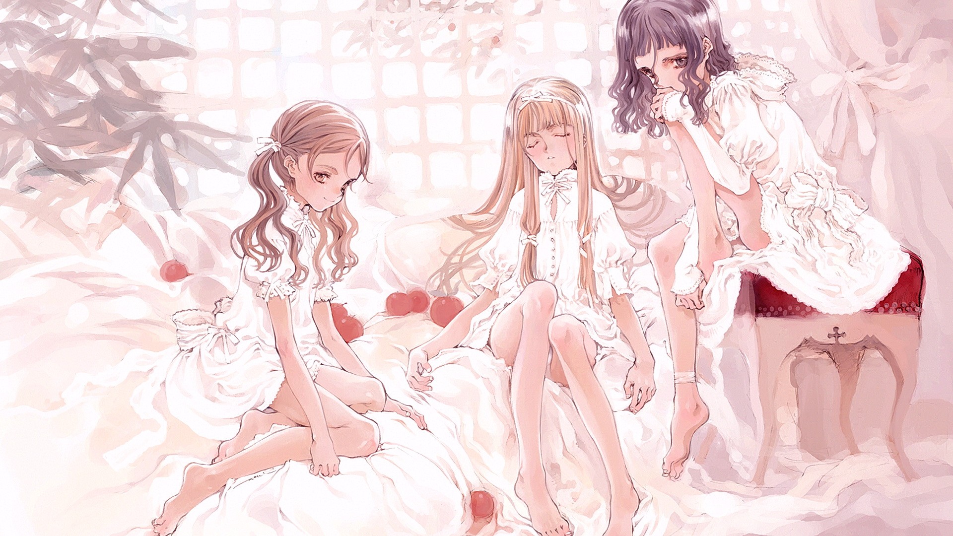 Anime 1920x1080 anime anime girls brunette blonde long hair smiling looking at viewer Oyari Ashito women trio legs sitting closed eyes group of women