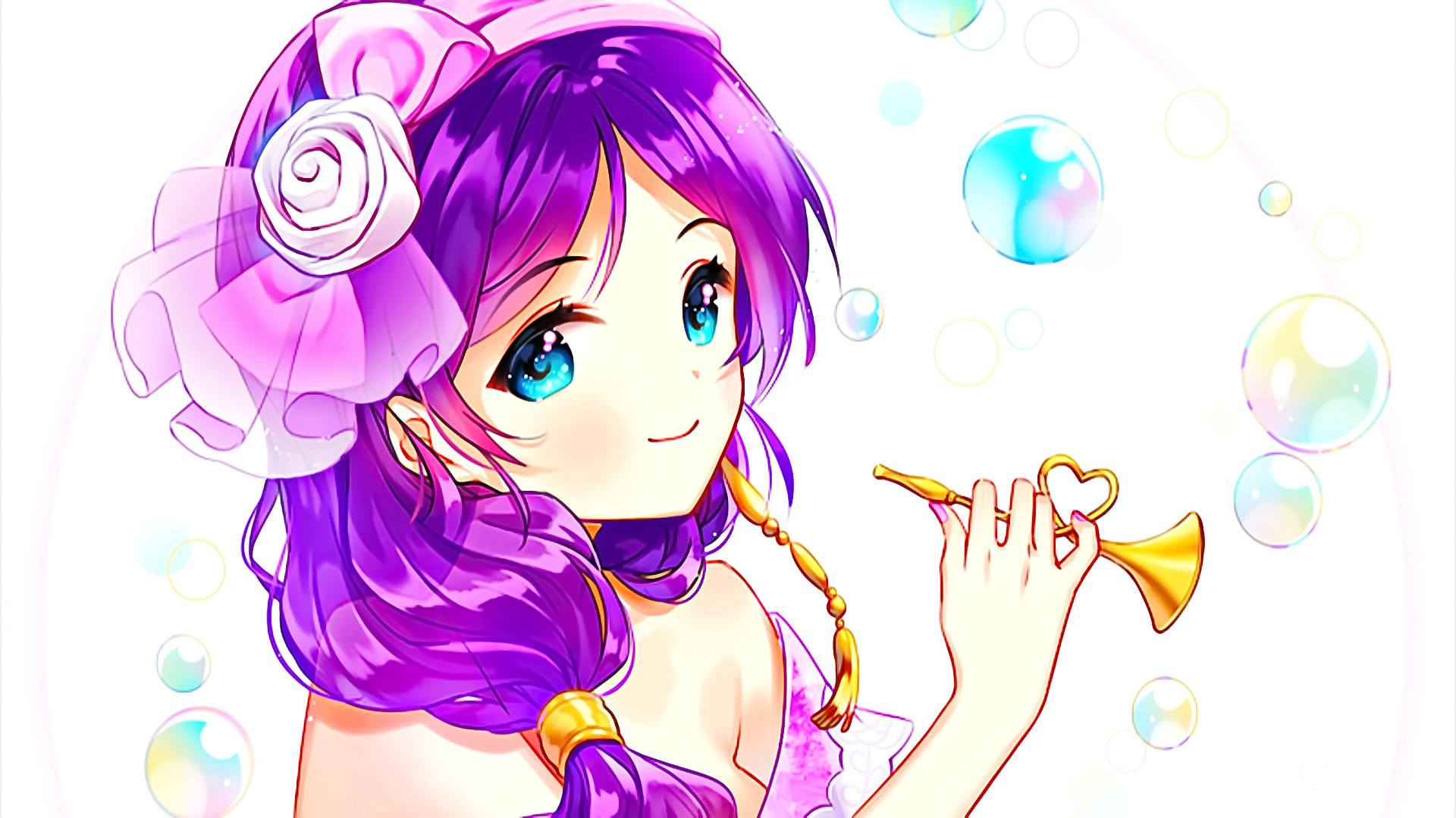 Anime 1920x1080 anime anime girls long hair purple hair smiling simple background looking at viewer aqua eyes white background