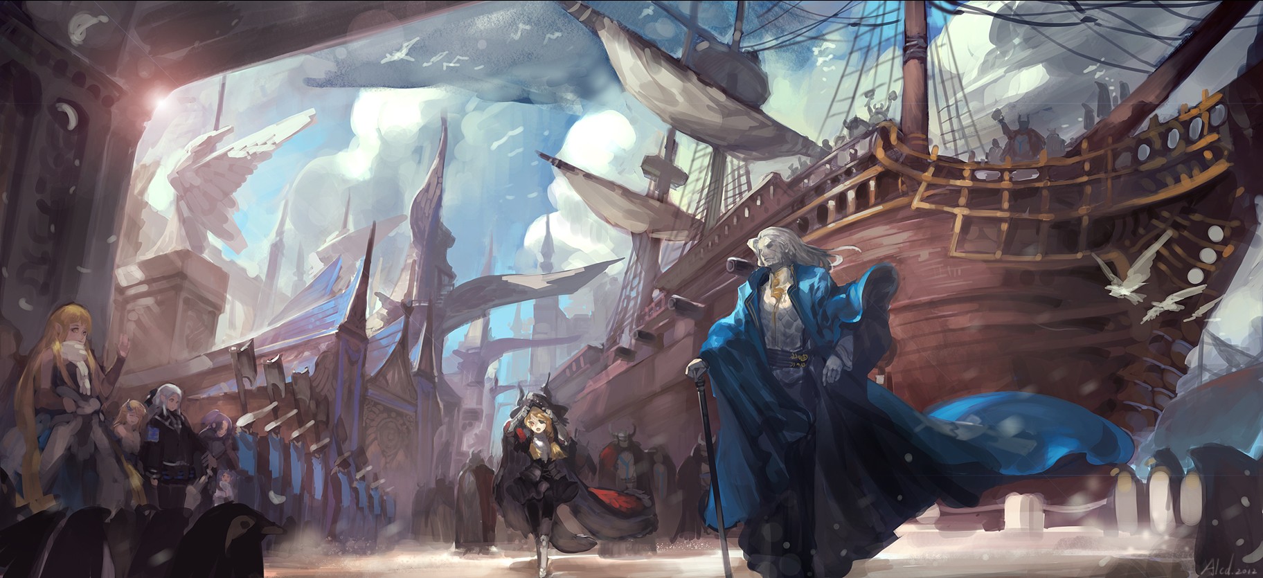 Anime 1824x835 sailing ship fantasy city anime fantasy art anime men rigging (ship) ship vehicle fantasy men fantasy girl 2012 (Year)