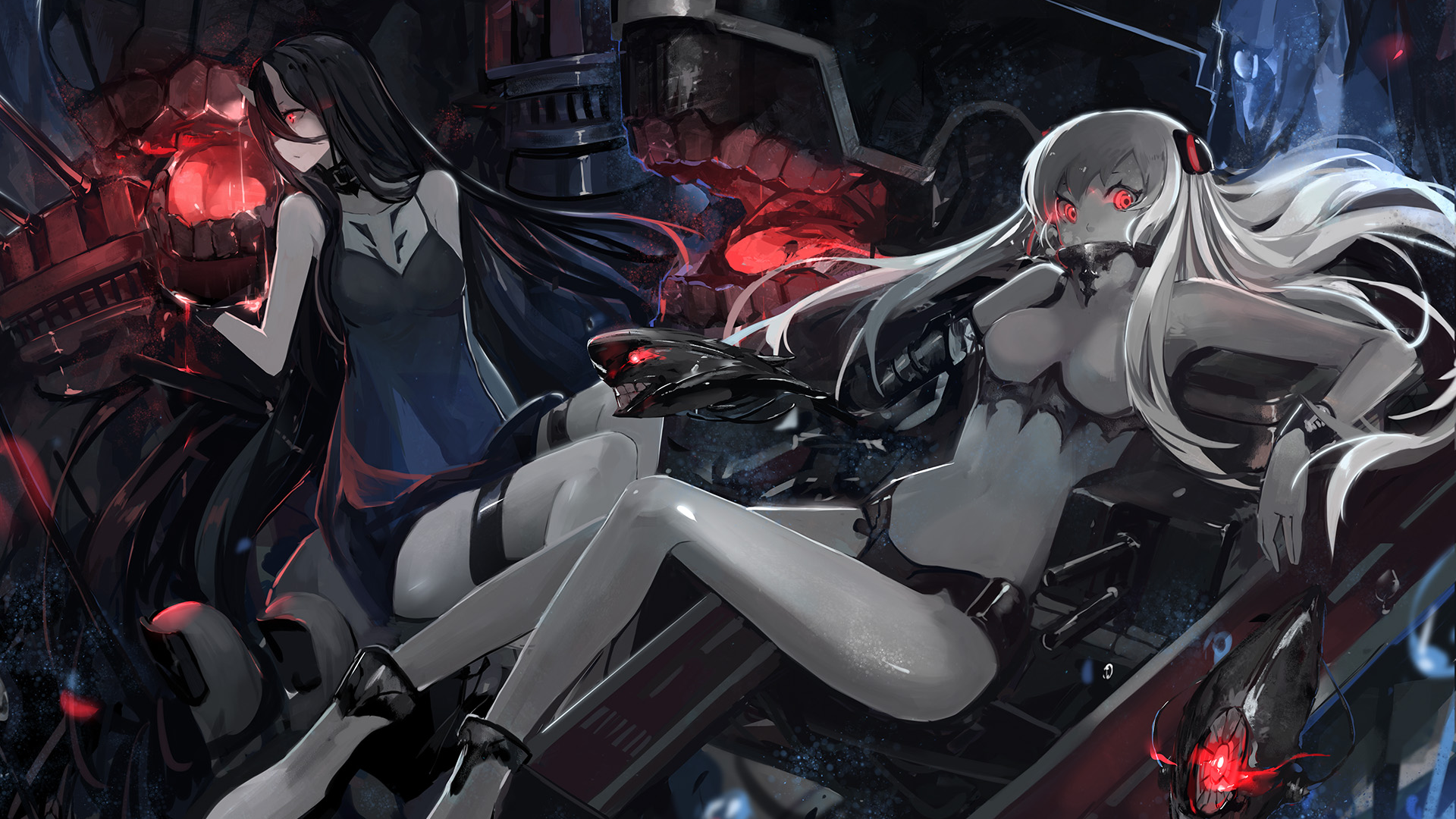 Anime 1920x1080 Kantai Collection Airfield Hime (KanColle) Battleship-Symbiotic Hime saberiii anime girls anime boobs belly red eyes two women dark hair long hair