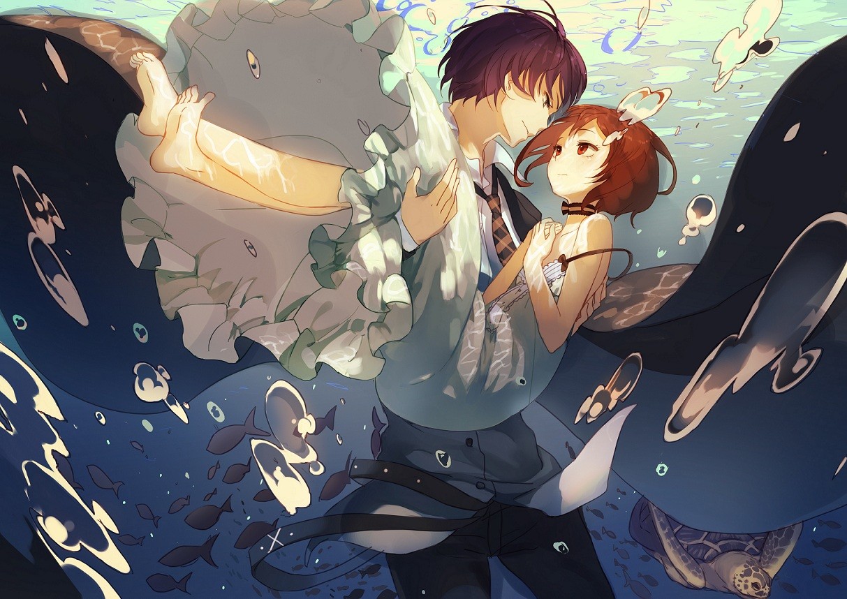 Anime 1213x858 anime boys anime girls red eyes men women fish water barefoot couple legs white dress love anime