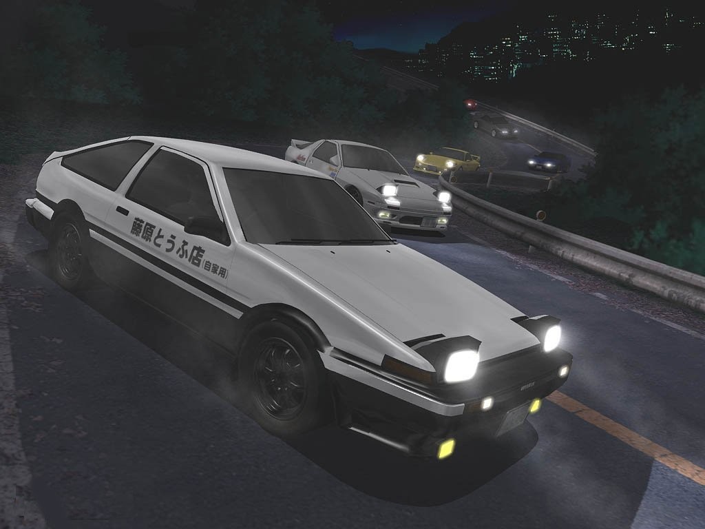 Anime 1024x768 Initial D Toyota AE86 Toyota anime racing road night car vehicle pop-up headlights white cars