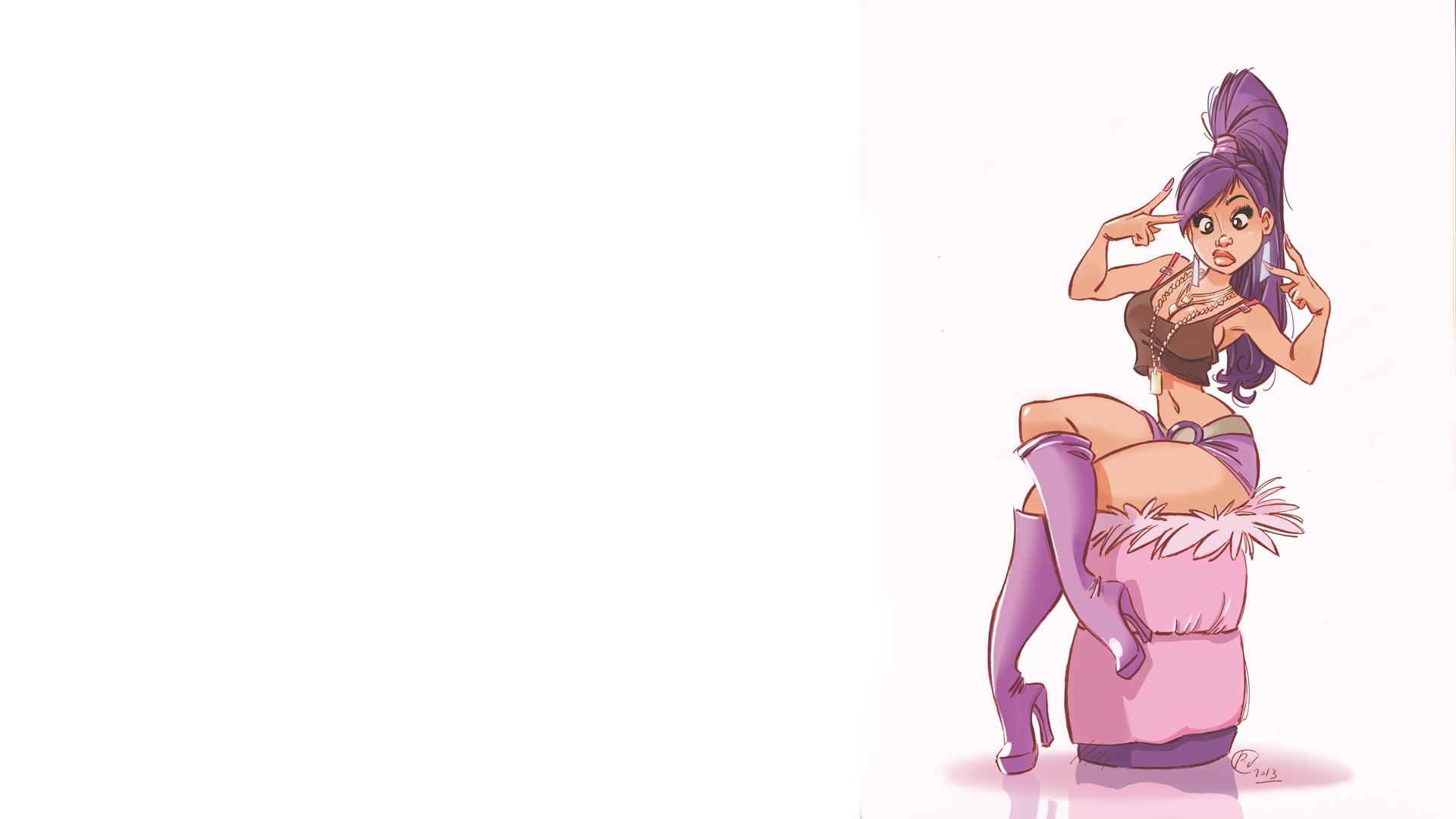 General 1920x1080 comic art comics drawn women heels purple hair white background simple background hand gesture sitting boobs belly peace sign