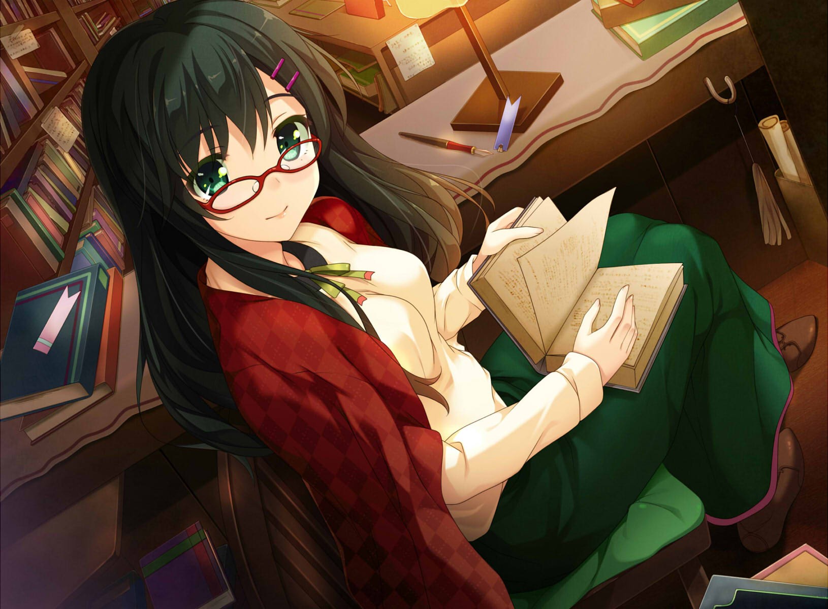 Anime 1630x1200 anime anime girls long hair brunette glasses green eyes smiling books women with glasses pens looking at viewer women indoors