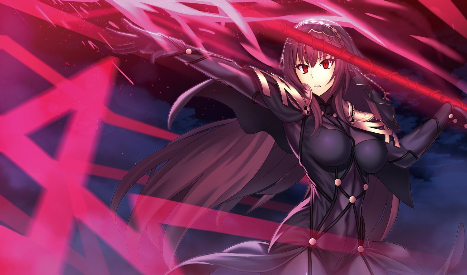 Anime 1500x885 anime anime girls long hair Fate/Grand Order Fate series Scathach bodysuit red eyes purple hair women standing Pixiv