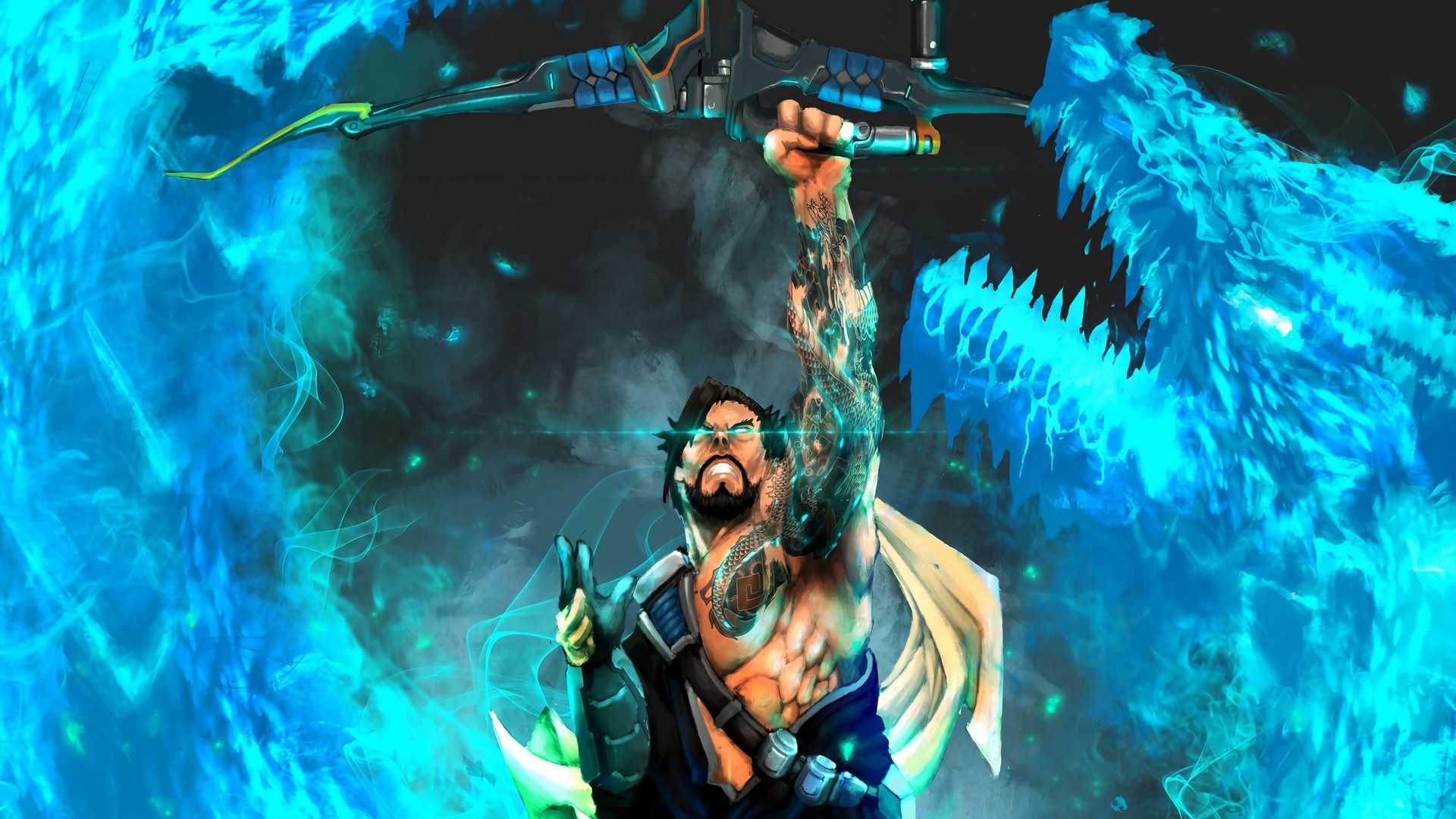General 1920x1080 Overwatch dragon Hanzo (Overwatch) archer tattoo video games men dark hair cyan Chinese dragon video game characters Blizzard Entertainment Japanese
