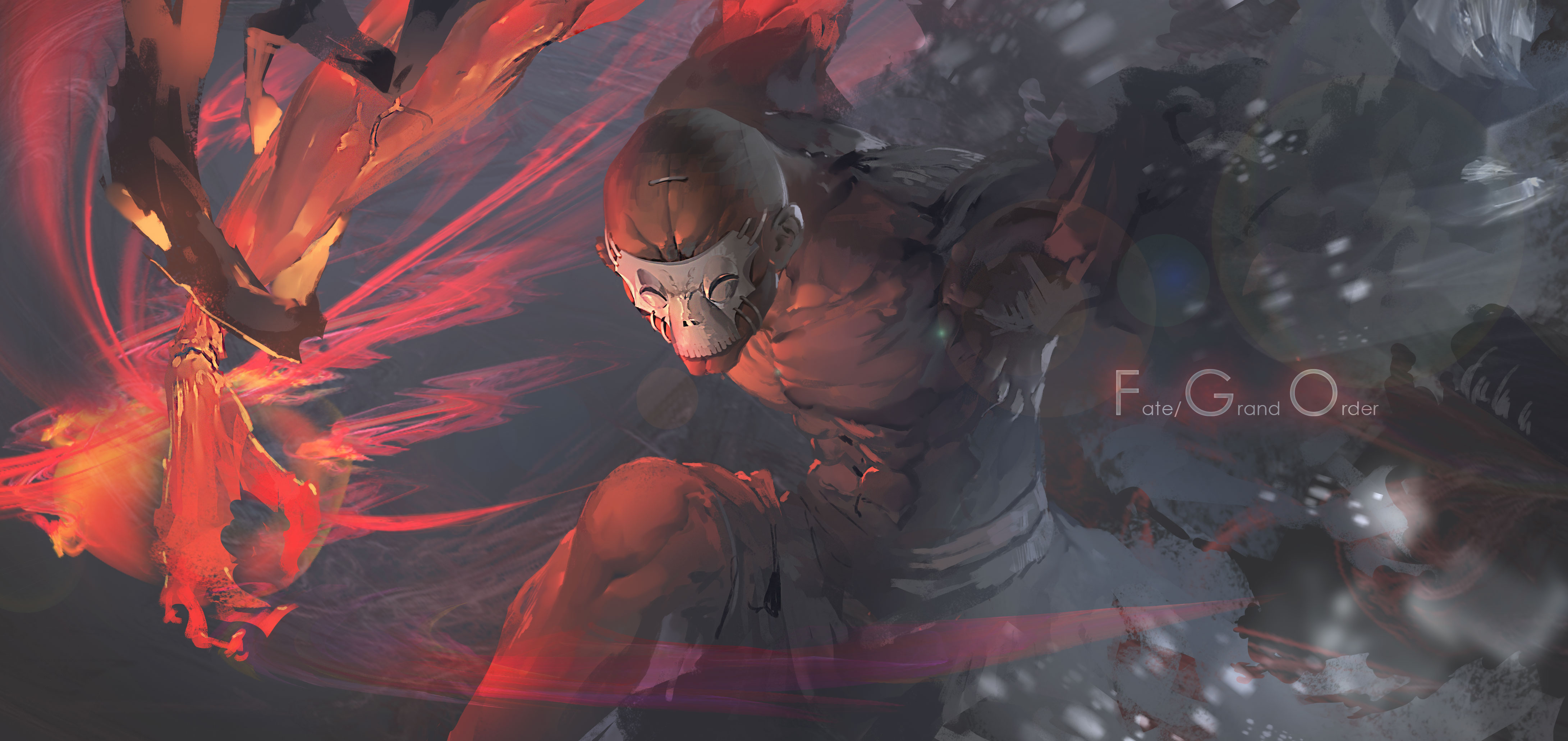 Anime 4362x2060 Fate series Fate/Stay Night True Assassin (Fate/stay night) anime boys muscles 6-pack biceps abs skull mask glowing shaved head 2D fighting fate/stay night: heaven's feel veins fan art anime Fate/Grand Order looking at viewer