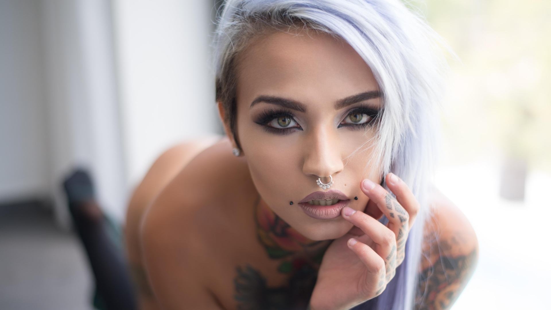 People 1920x1080 Fishball Suicide purple hair tattoo piercing Suicide Girls face closeup nose ring makeup parted lips women indoors women indoors inked girls bent over looking at viewer model