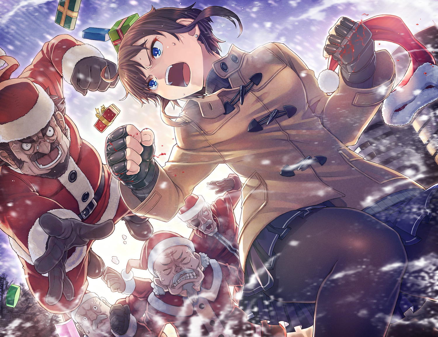 Anime 1500x1154 pantyhose fighting Santa Claus anime open mouth Christmas snow short hair blue eyes skirt gloves Santa hats blood anime girls
