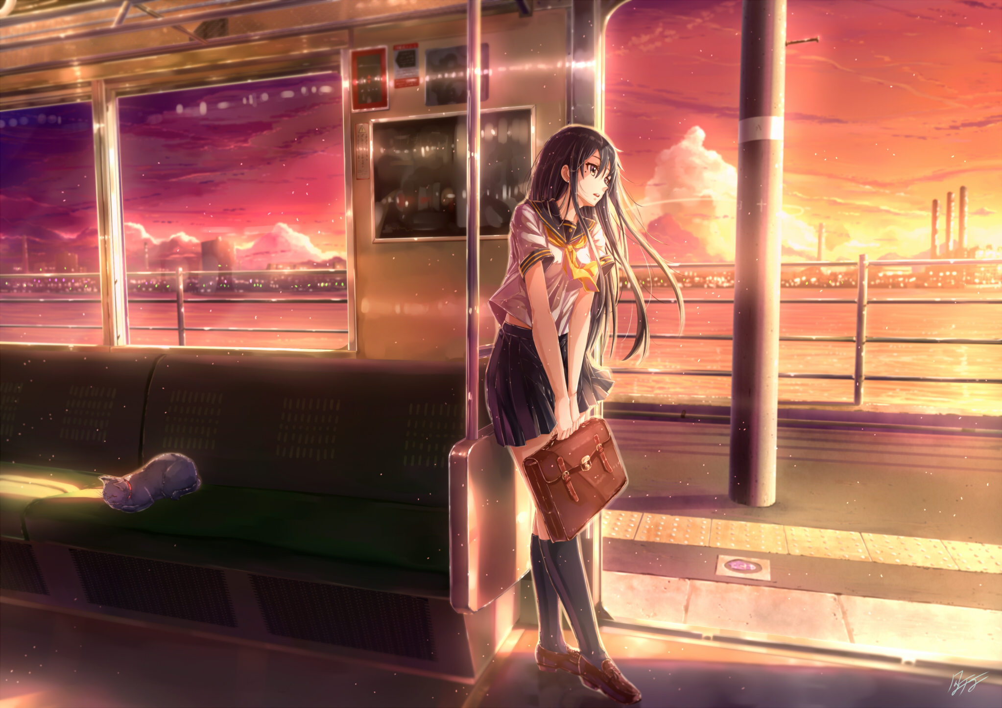 Anime 2046x1446 city cats schoolgirl backpacks long hair sea school uniform sky anime
