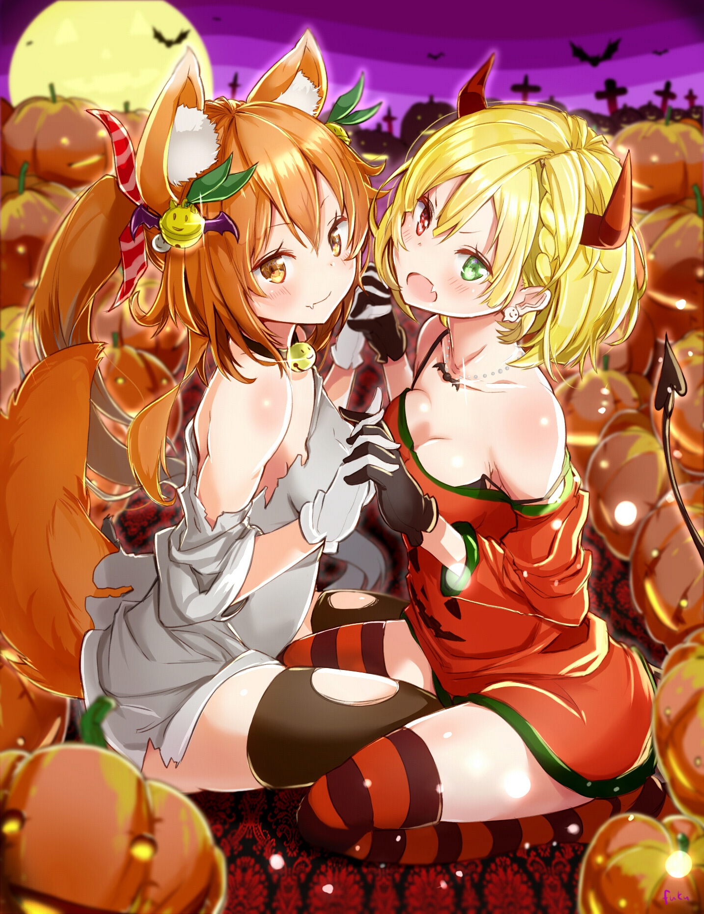 Anime 1433x1858 pumpkin Halloween blonde animal ears cleavage horns tail thigh-highs torn clothes