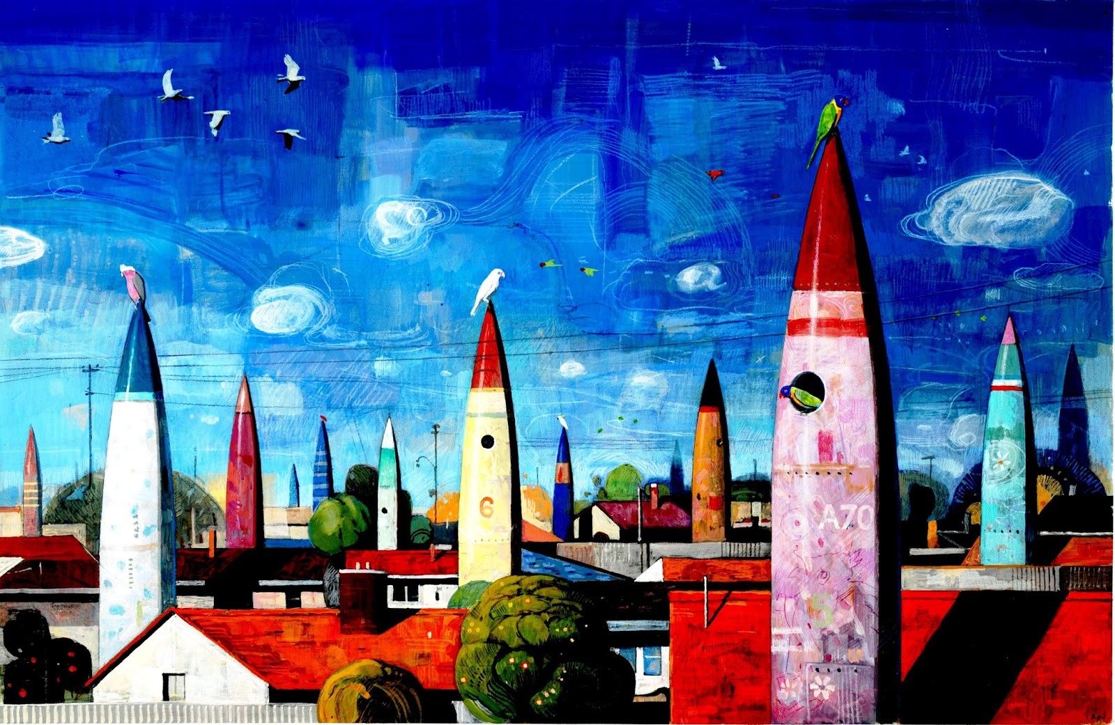 General 1600x1041 digital art fantasy art architecture building house artwork painting rocket town colorful birds clouds rooftops missiles trees