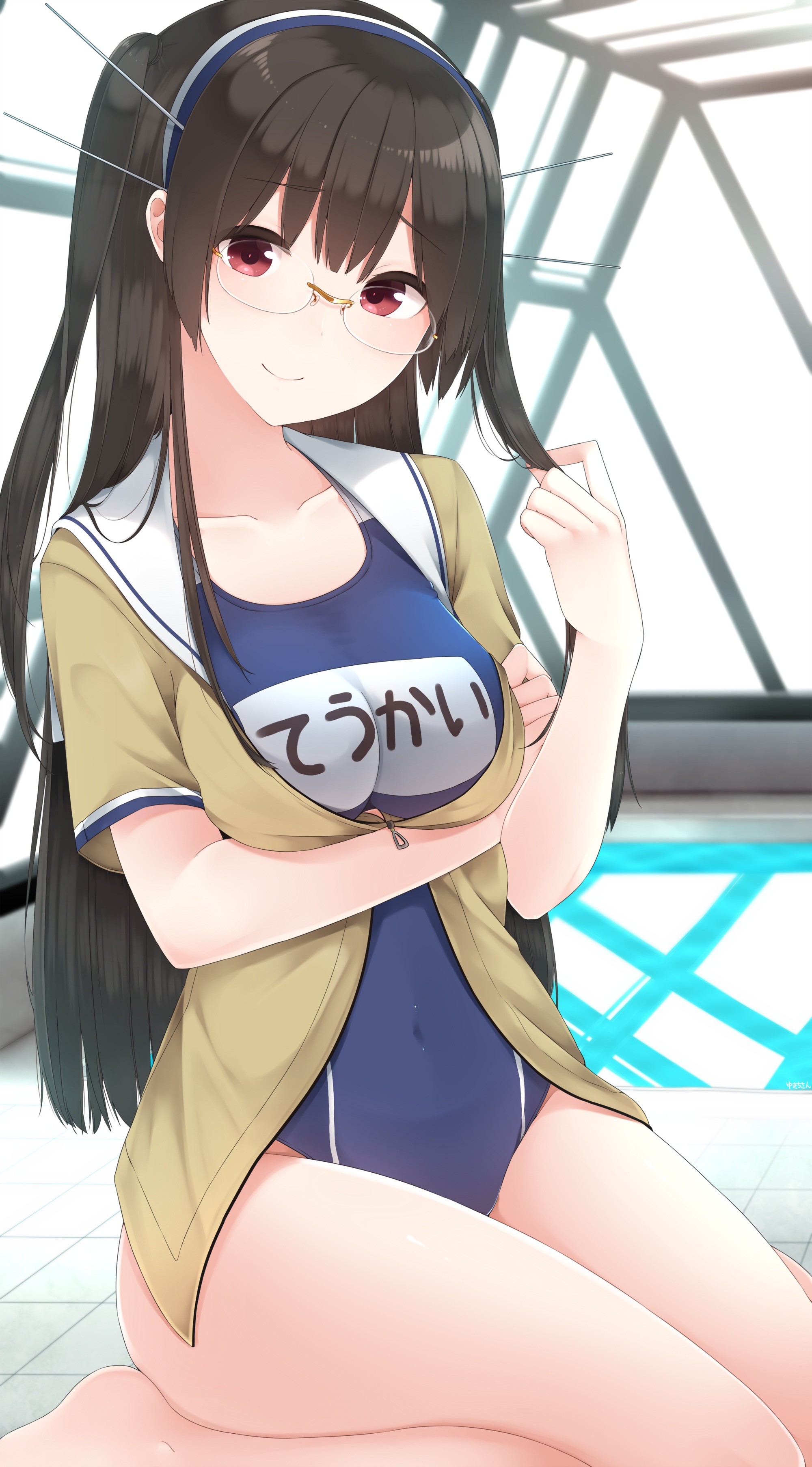 Anime 2000x3614 Choukai (KanColle) Kantai Collection I-26 (KanColle) open shirt school uniform school swimsuits long hair cleavage glasses boobs kneeling