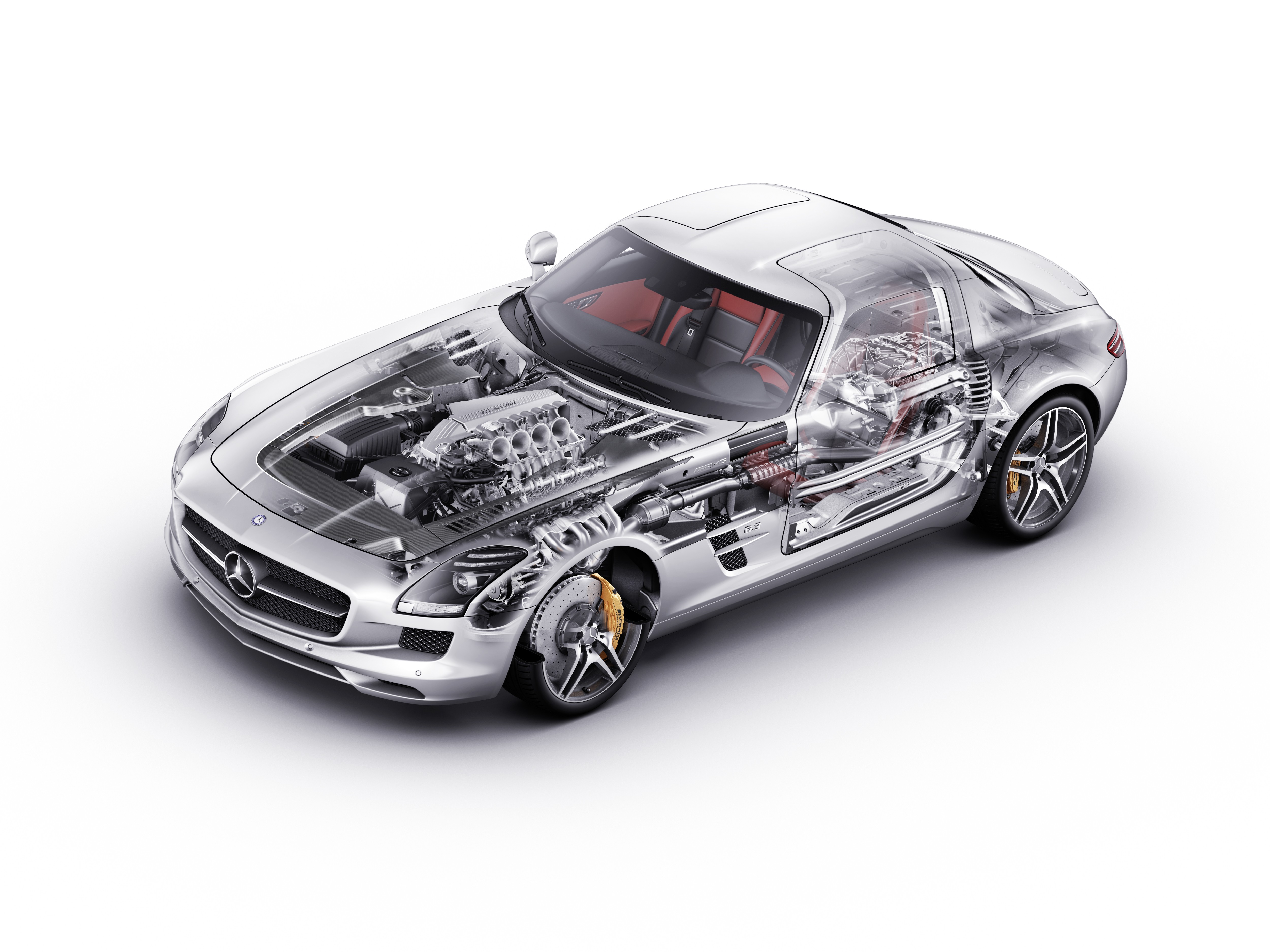 General 5000x3750 car vehicle Roadster Mercedes-Benz SLS AMG white background engine technology transparency sports car high angle Mercedes-Benz cutaway car parts silver cars blueprints simple background CGI digital art