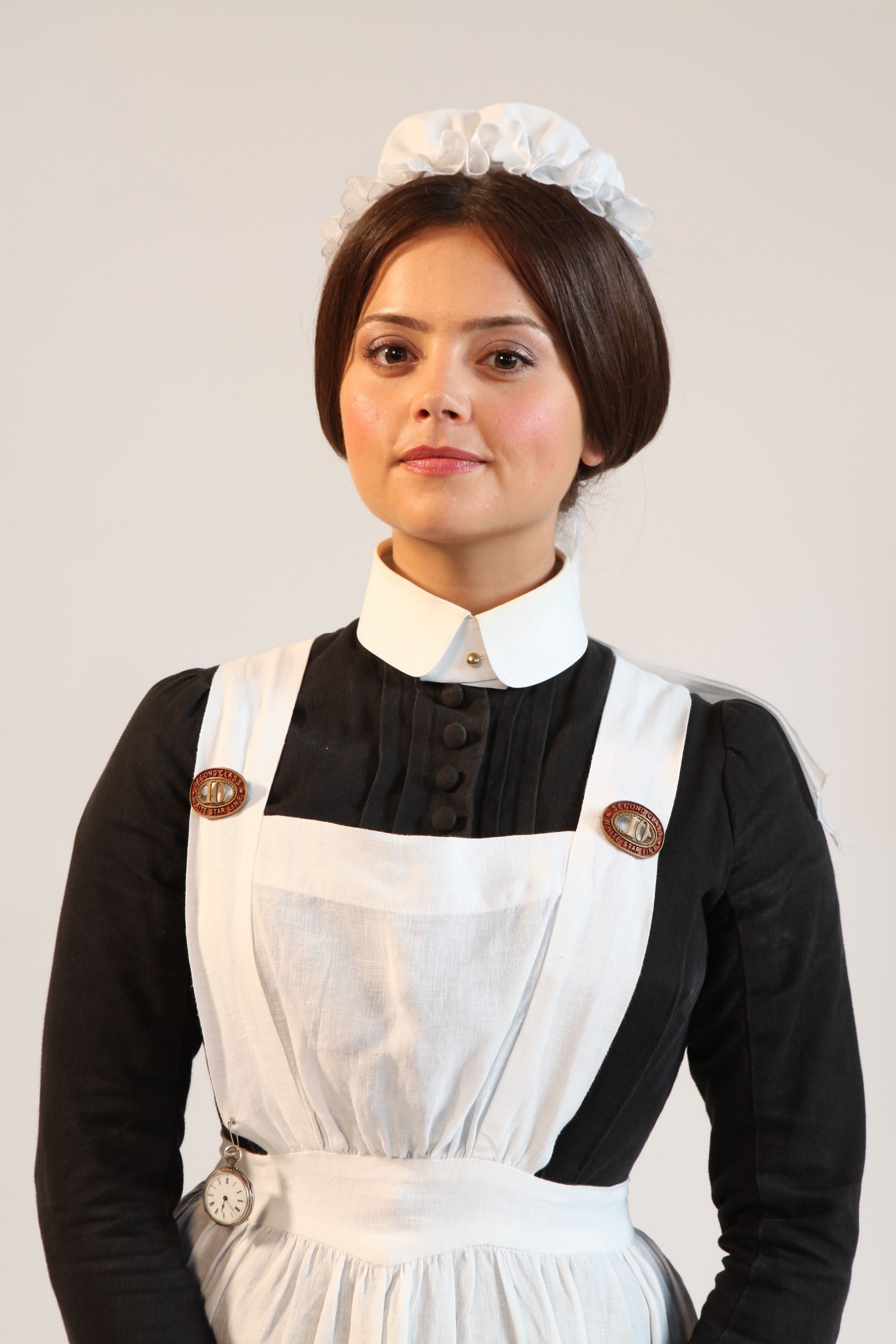 People 2000x3000 women actress brunette long hair Jenna Louise Coleman looking at viewer smiling portrait display maid maid outfit TV series Titanic simple background brown eyes