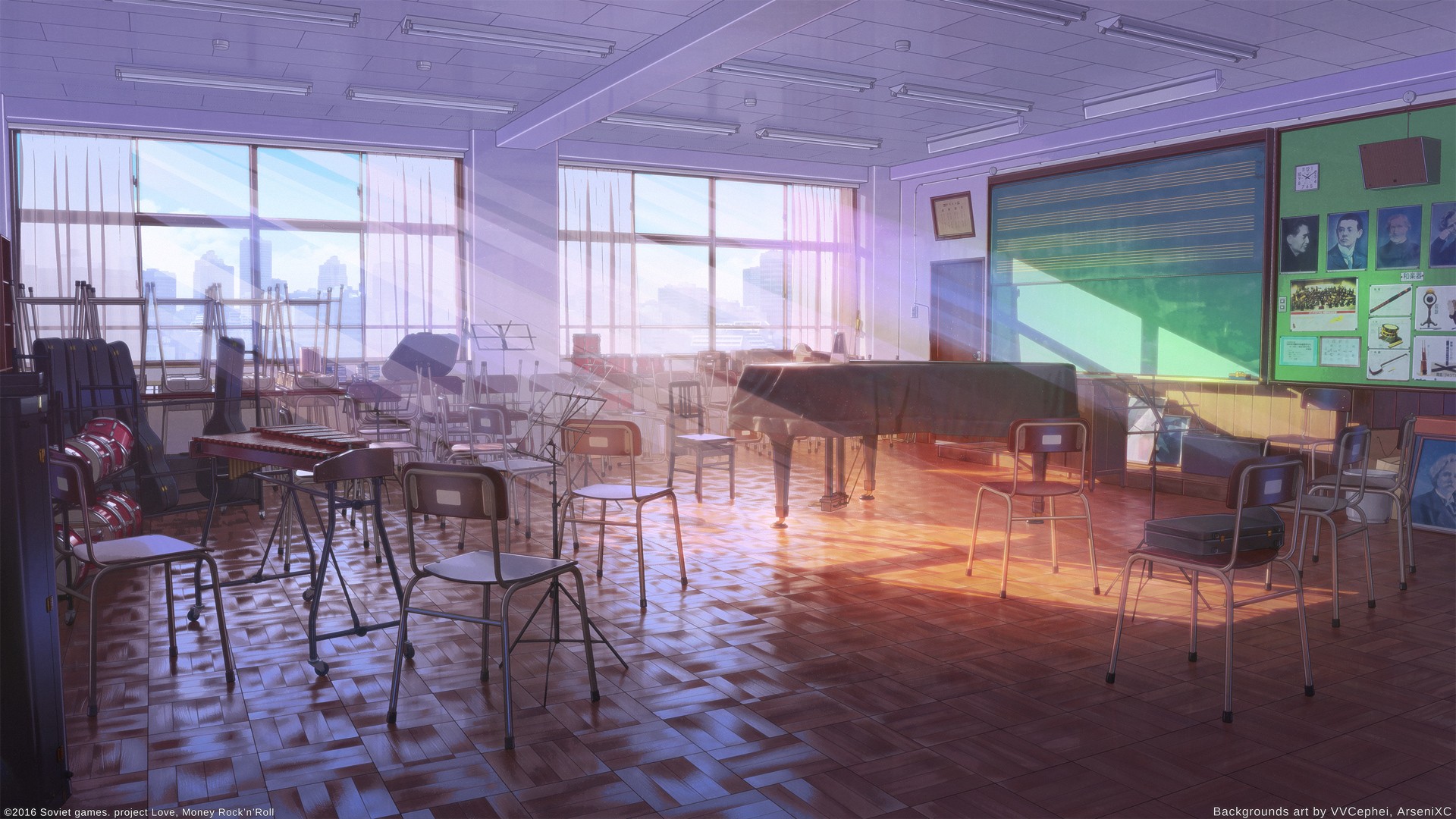 General 1920x1080 classroom realistic window ArseniXC watermarked interior musical instrument drums chalkboard sunlight chair floor ceiling 2016 (year) curtains school digital art VVCephei