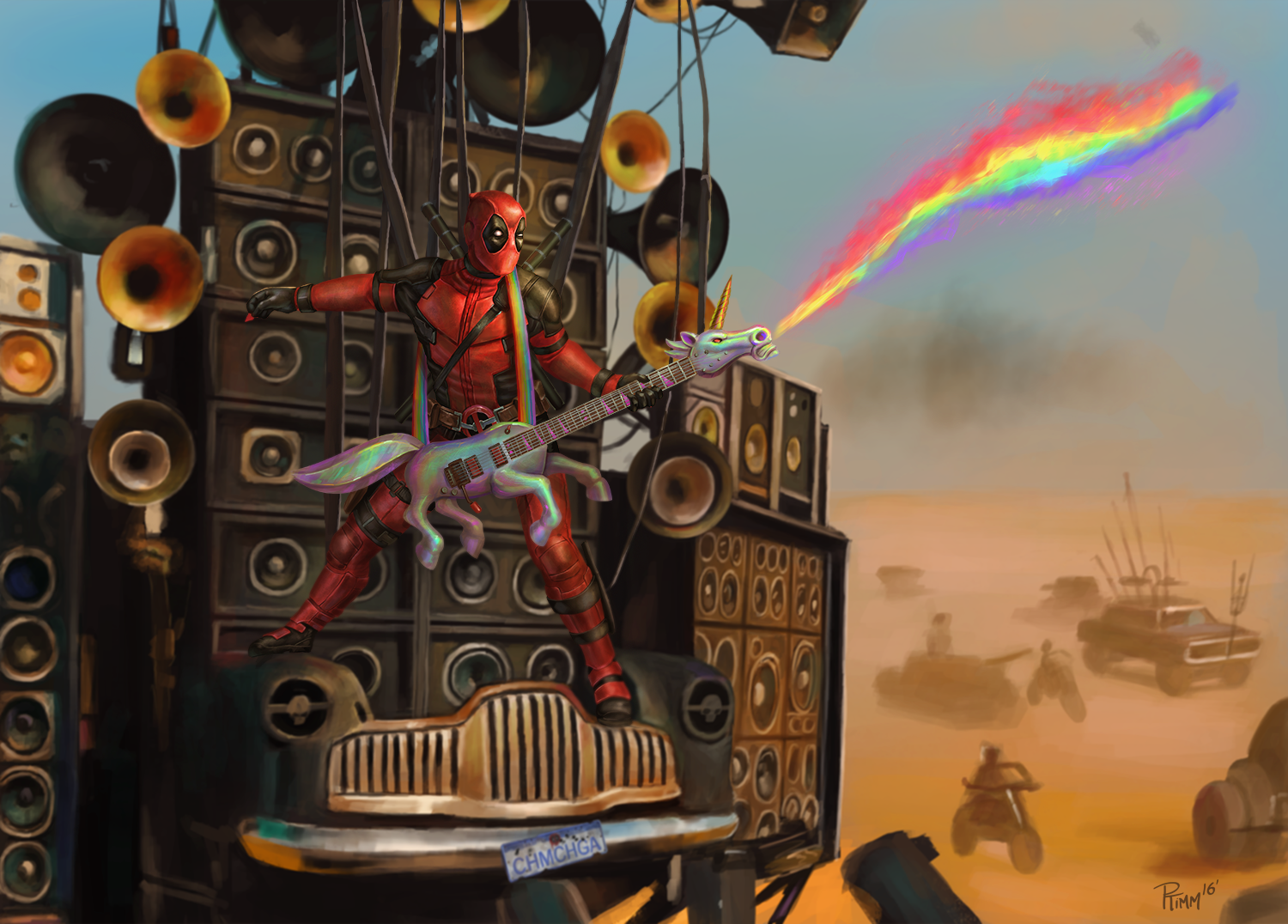 General 1500x1076 Mad Max: Fury Road Deadpool unicorns parody speakers guitar Marvel Comics antiheroes