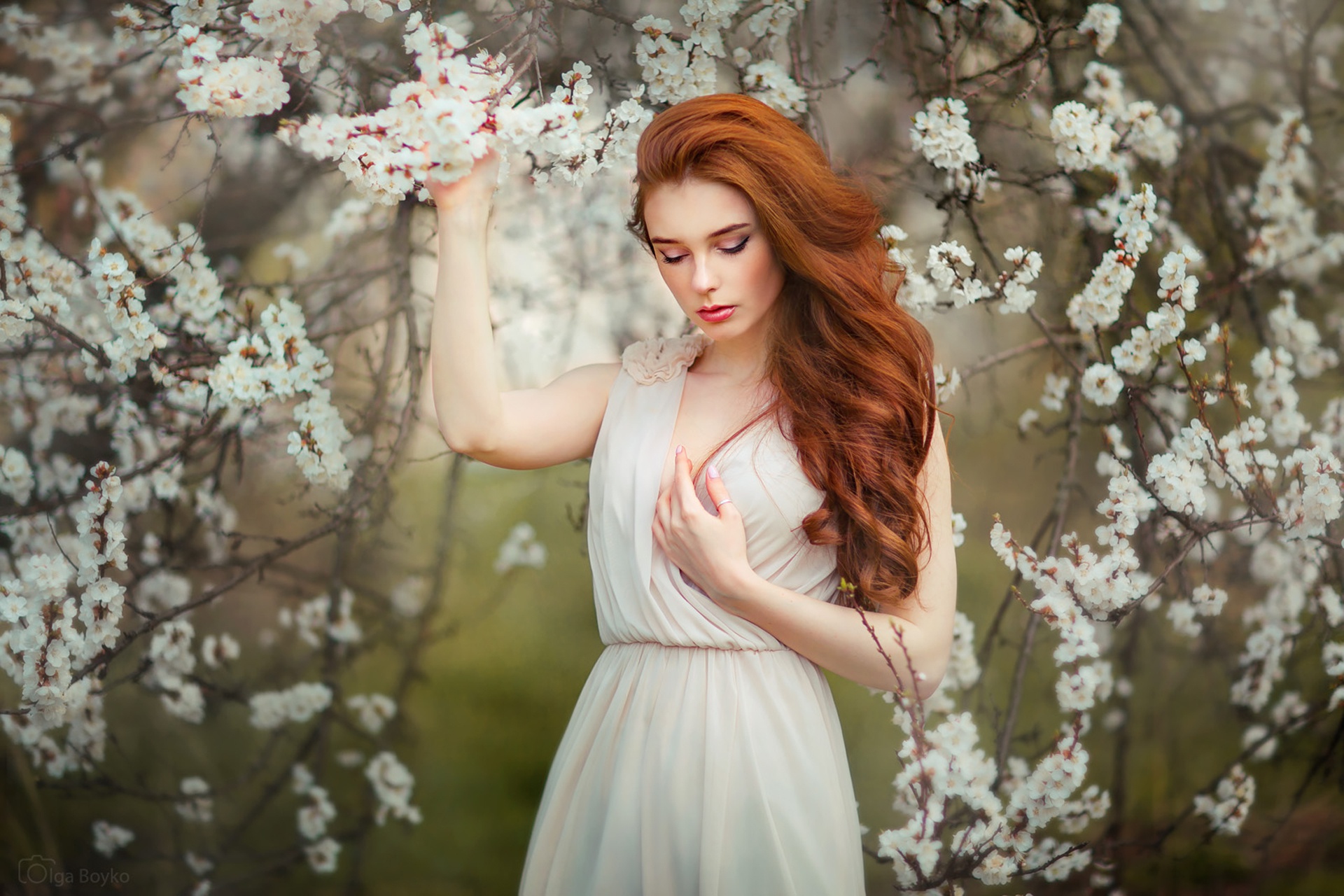 People 1920x1280 women plants redhead long hair women outdoors white dress dress Alexandra Girskaya