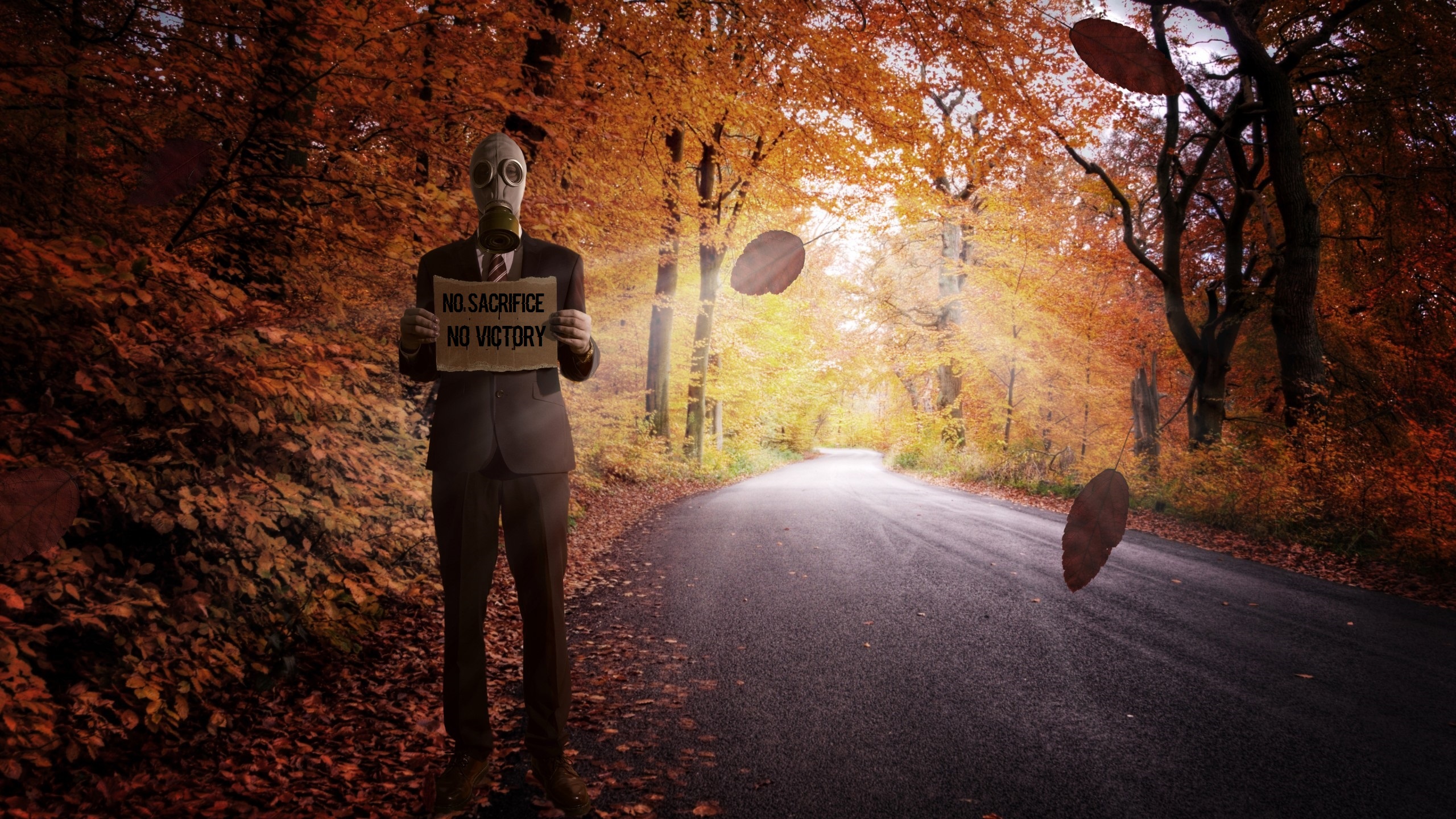 General 2560x1440 quote sacrifice road gas masks fall leaves trees frontal view