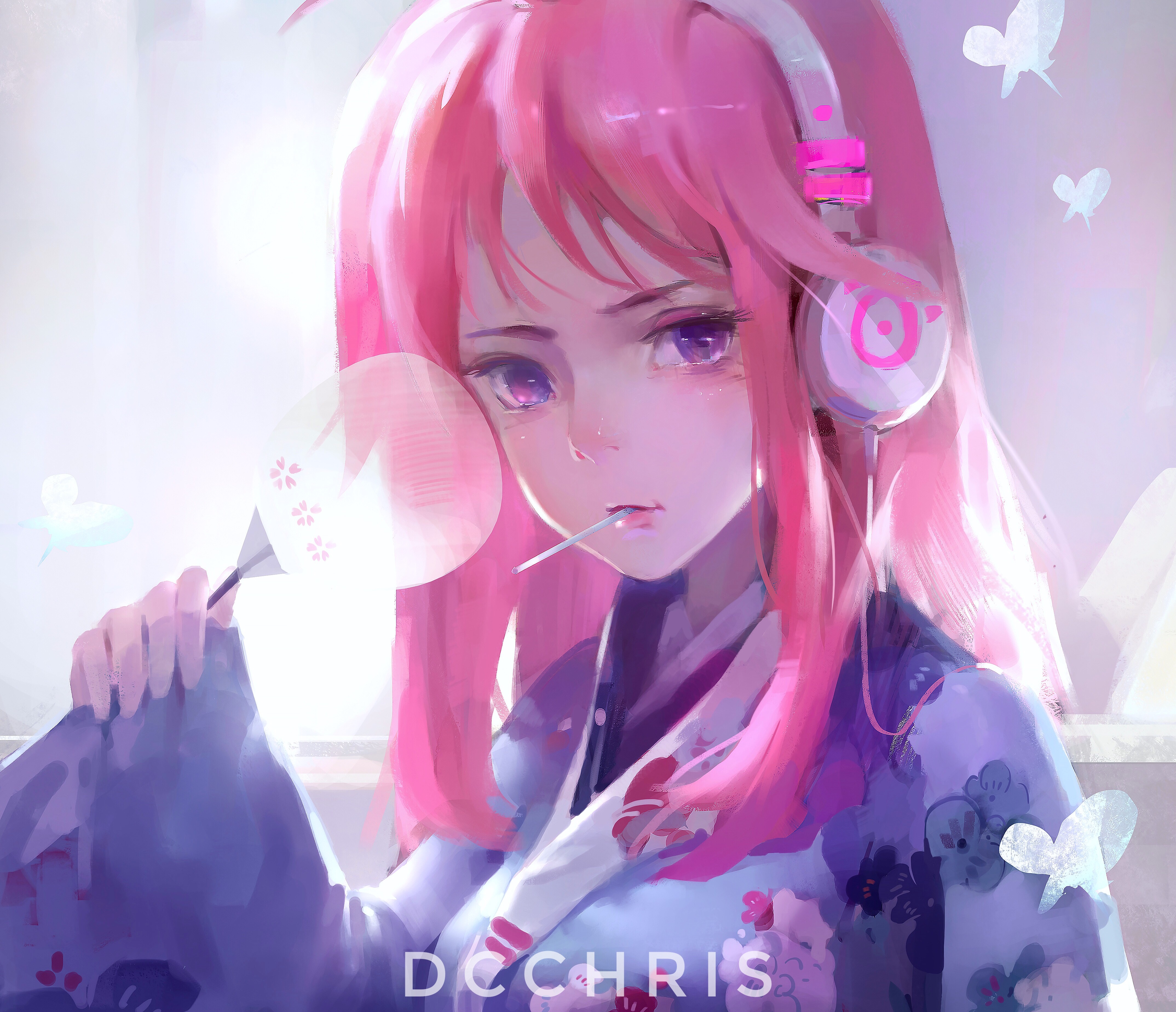 Anime 4296x3696 anime anime girls pink hair headphones Dcchris artwork purple eyes