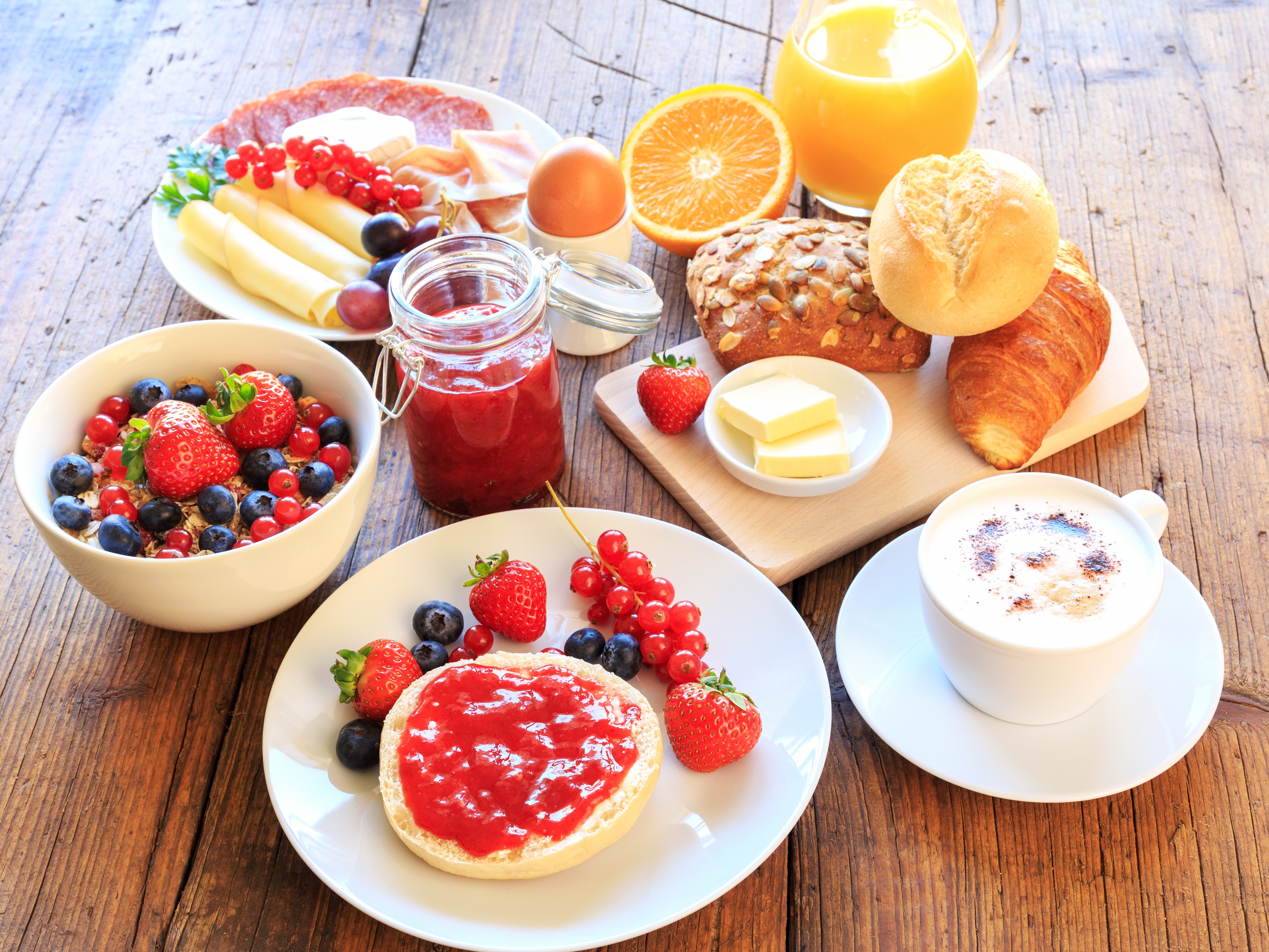 General 4608x3456 food breakfast orange (fruit) strawberries blueberries bread jelly coffee eggs vibrant