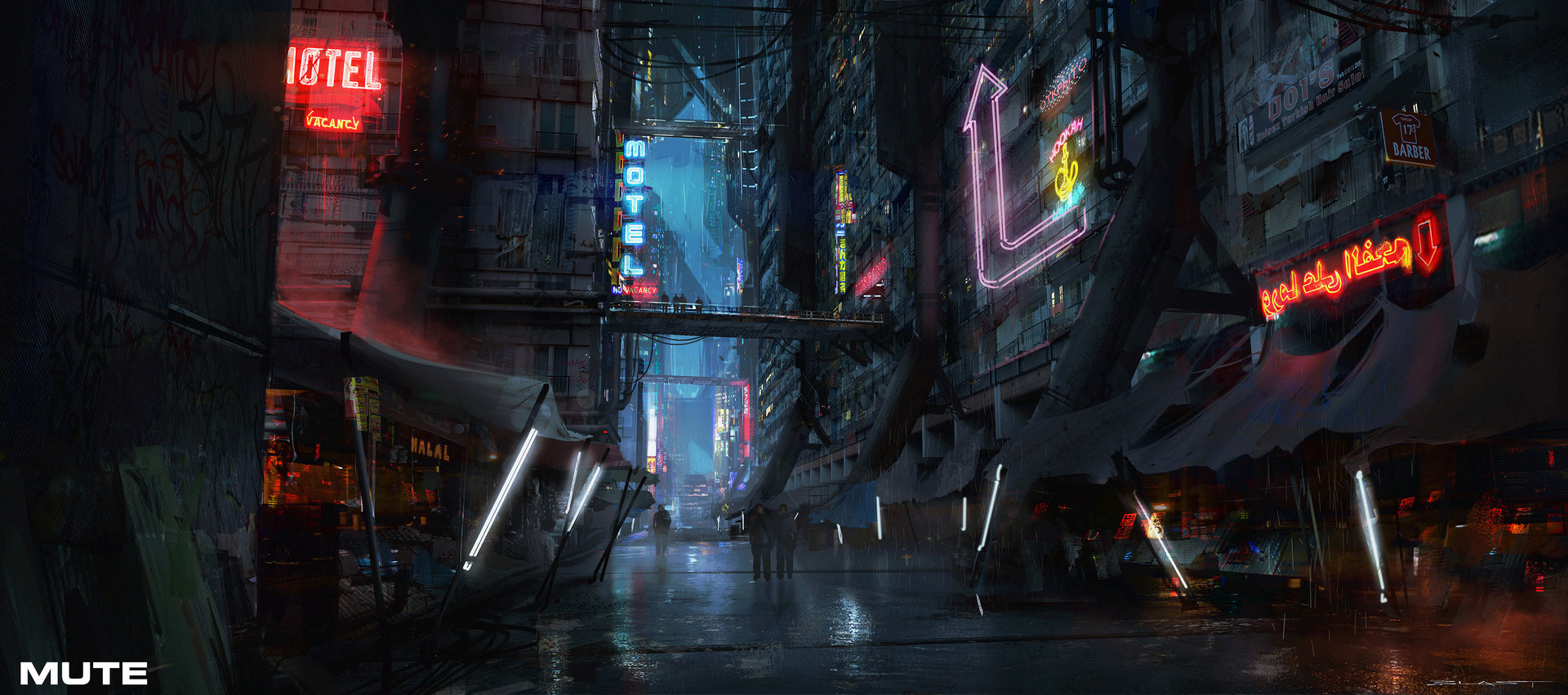 General 1920x852 digital art artwork movies futuristic science fiction motel rain night city street Berlin