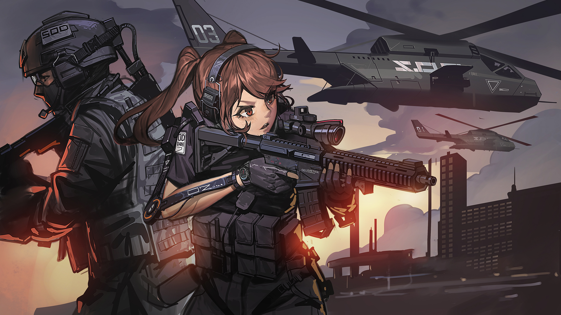 Anime 1920x1080 helicopters gun Exoskeleton Black Soldier girls with guns military anime girls brunette gloves watch sky clouds aircraft uniform helmet aiming sunlight building twintails