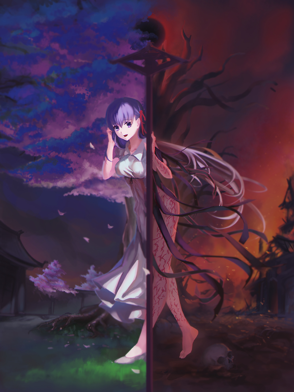 Anime 1200x1600 Fate series Fate/Stay Night anime girls Matou Sakura fate/stay night: heaven's feel thighs white dress big boobs curvy night cherry trees thick thigh barefoot no bra long hair purple hair red ribbon touching hair open mouth looking at viewer skull 2D fan art nude dress Ushas