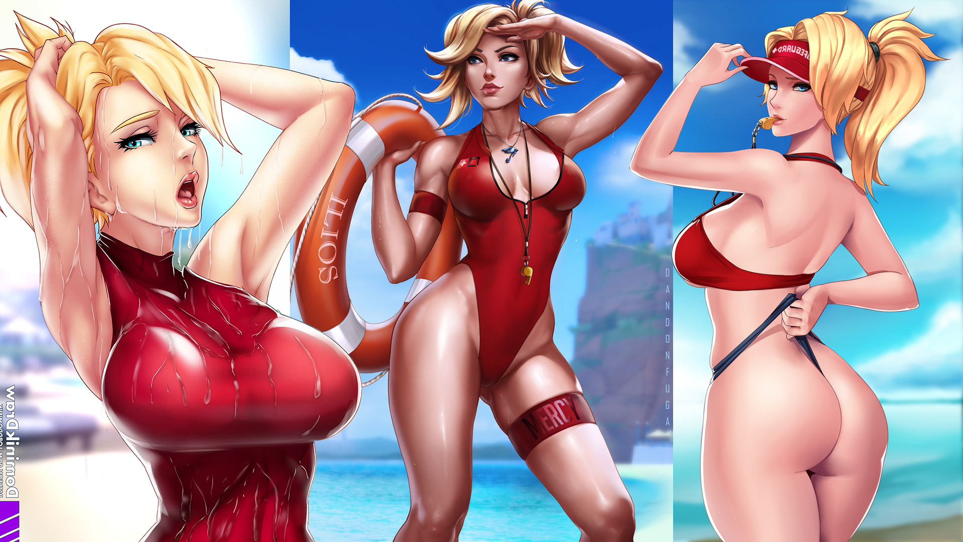 General 1920x1080 Mercy (Overwatch) Overwatch blonde blue eyes Lifeguard Dandonfuga video game characters collage boobs big boobs huge breasts curvy open mouth ass one-piece swimsuit red swimsuit life preserver wet wet body video game girls aqua eyes rear view swimwear PC gaming fan art
