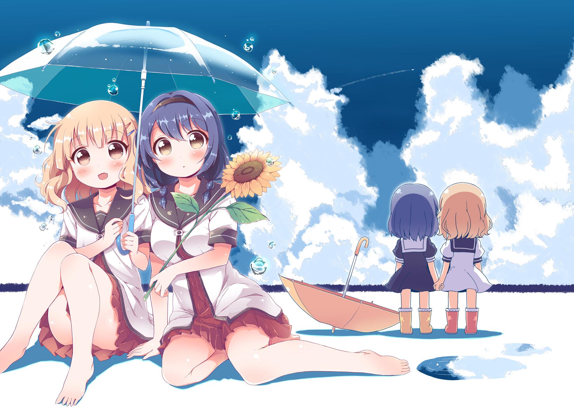 Anime 1854x1335 anime anime girls Yuru Yuri beach Oomuro Sakurako Furutani Himawari pale yuri clouds fan art school uniform