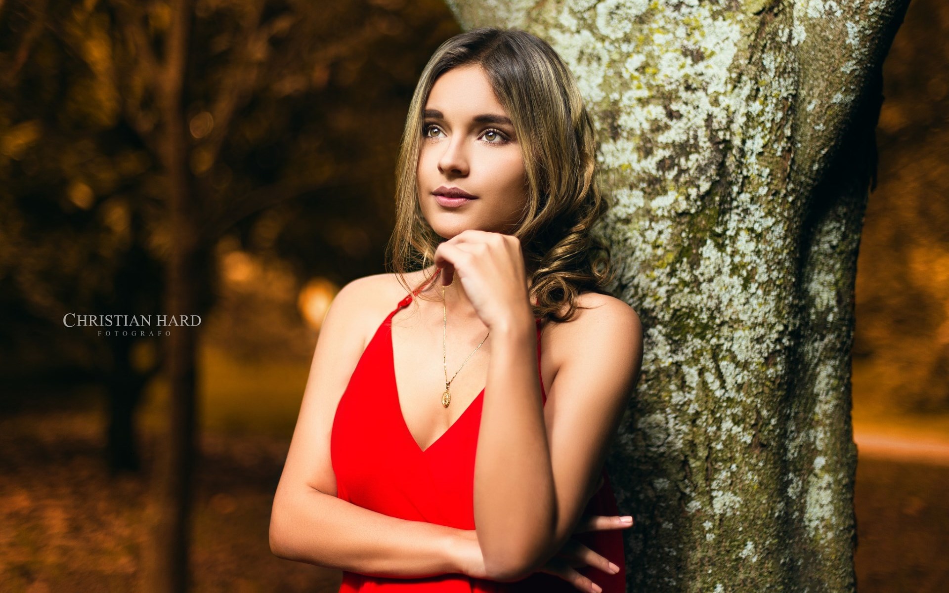 People 1920x1200 trees cleavage necklace women red dress 500px Christian Hard
