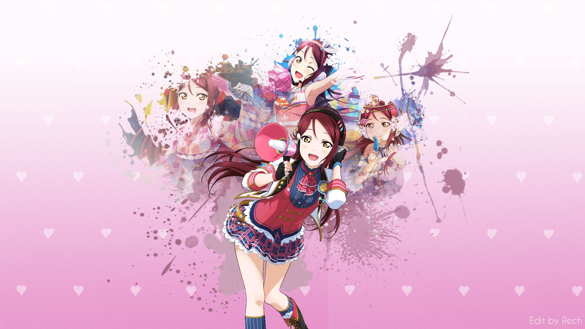 Anime 1920x1080 Love Live! Sunshine Sakurauchi Riko anime girls miniskirt megaphones open mouth purple background anime