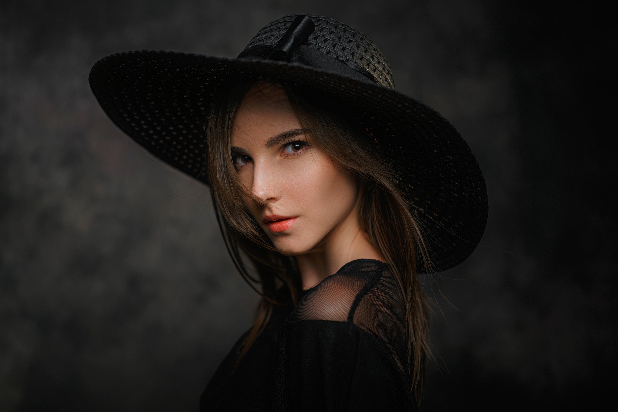 People 2048x1367 Pavel Cherepko women model long hair face portrait looking at viewer brunette straight hair simple background hat